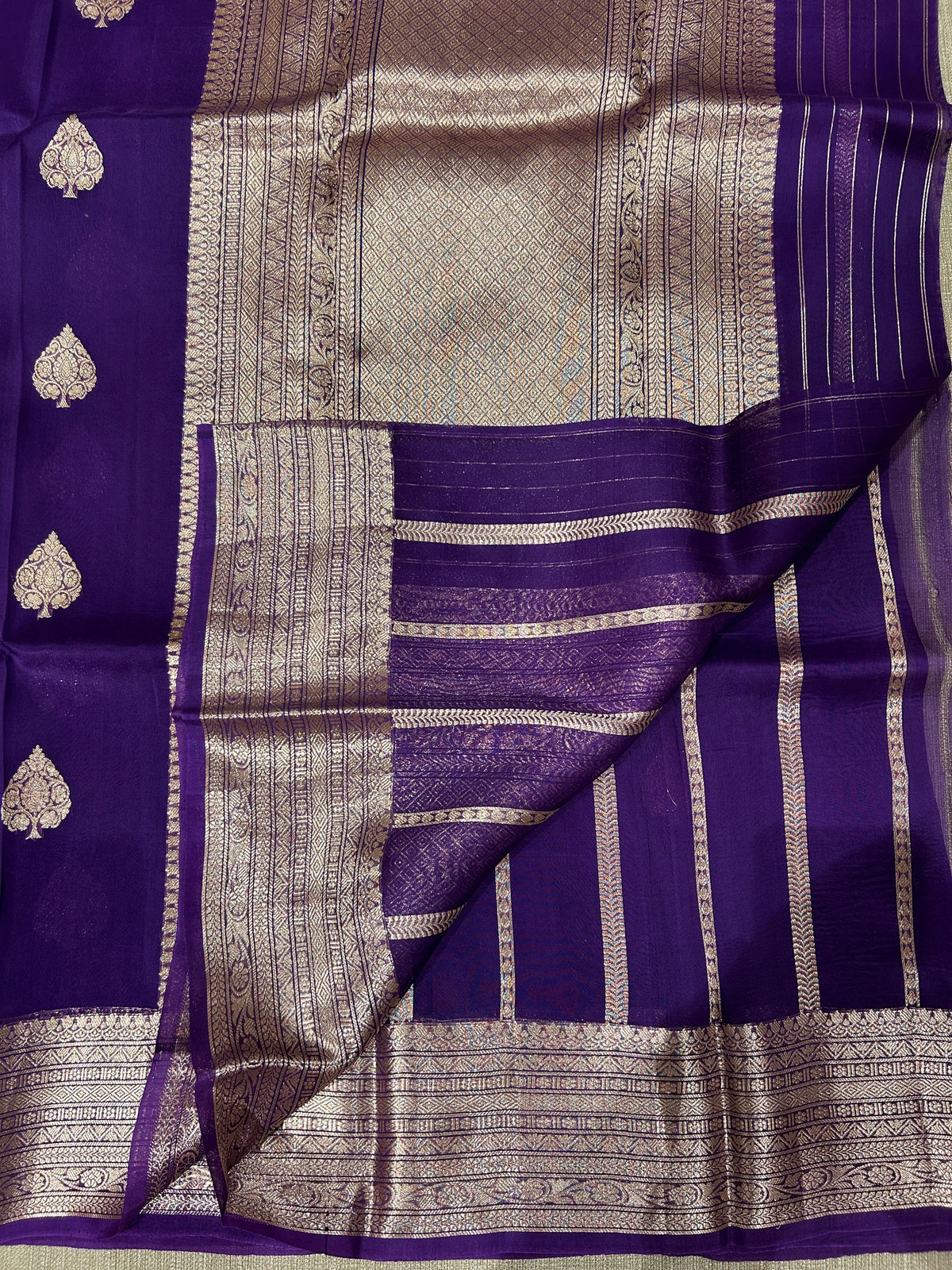 Brinjal monotone Pure Handloom premium Kora Banarasi Saree