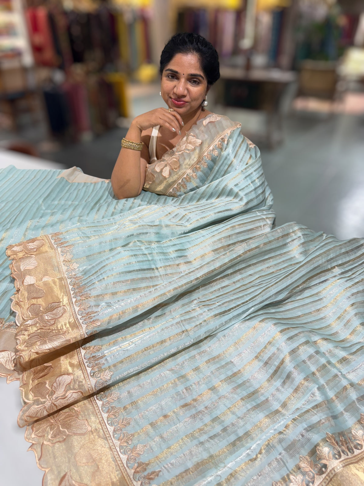 Pastel blue Mul Tissue Stripes Saree With Tissue Cutwork  Border &amp; Blouse