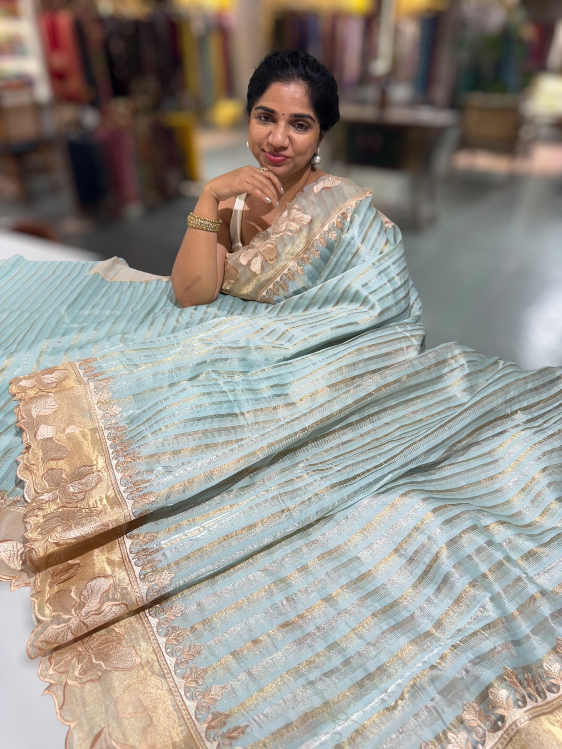 Pastel blue Mul Tissue Stripes Saree With Tissue Cutwork  Border & Blouse