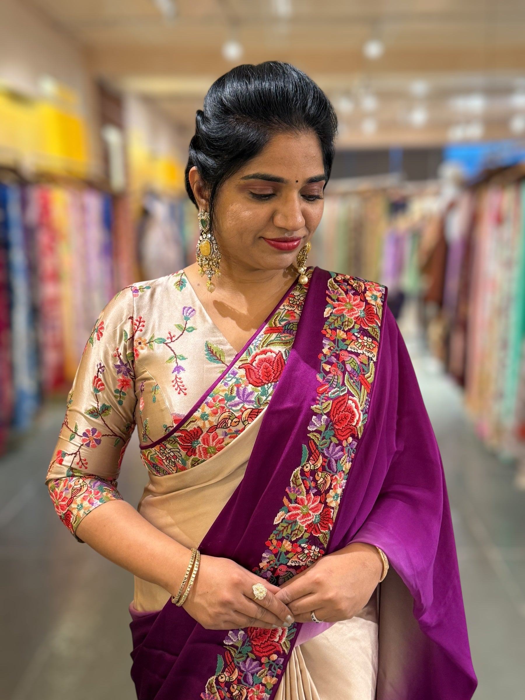 Pure Satin Ombre Dyed Saree with Petite Point Embroidered Border and blouse.