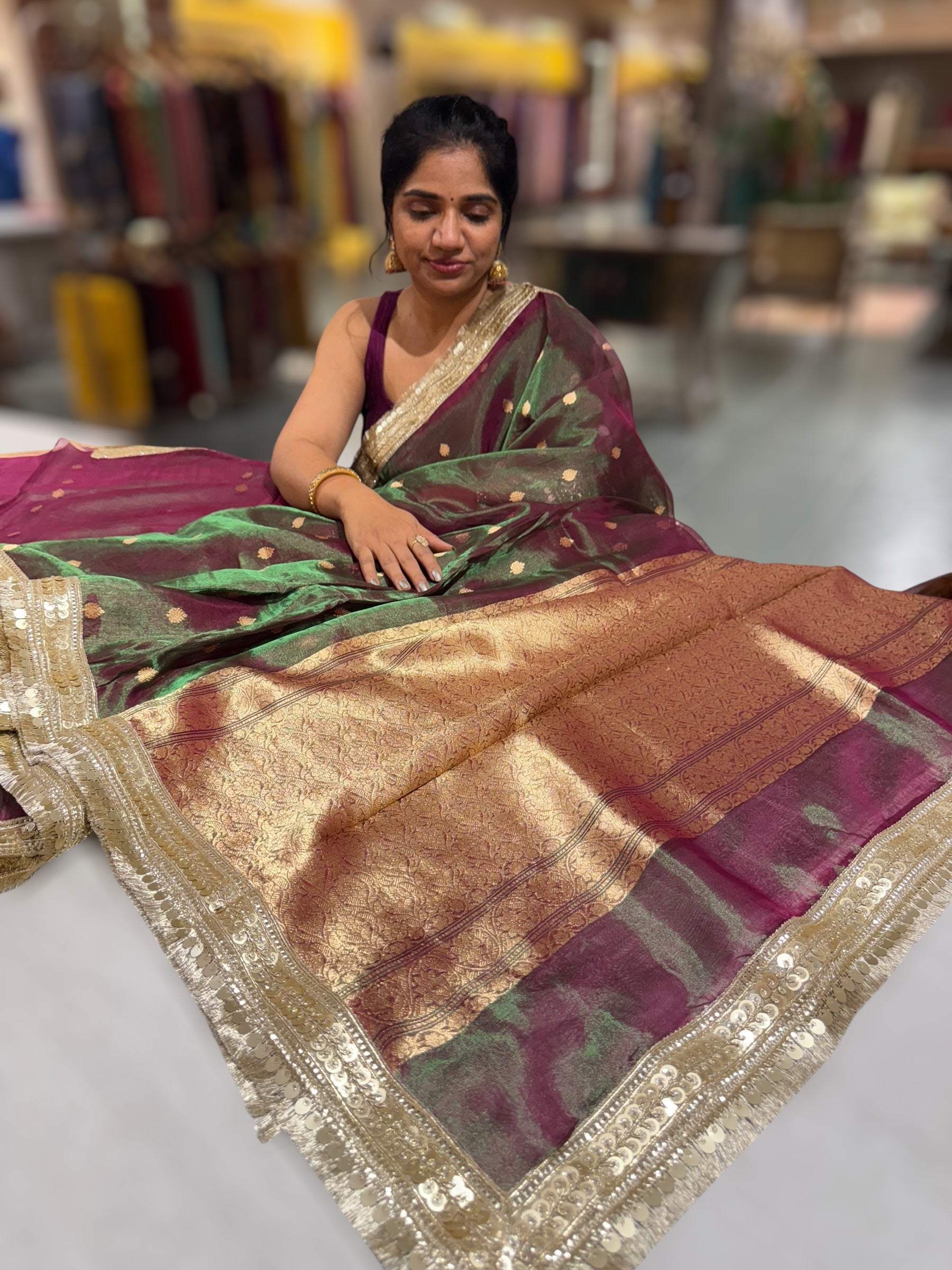 Green & Wine Combo Pure handloom Banarasi Tissue saree