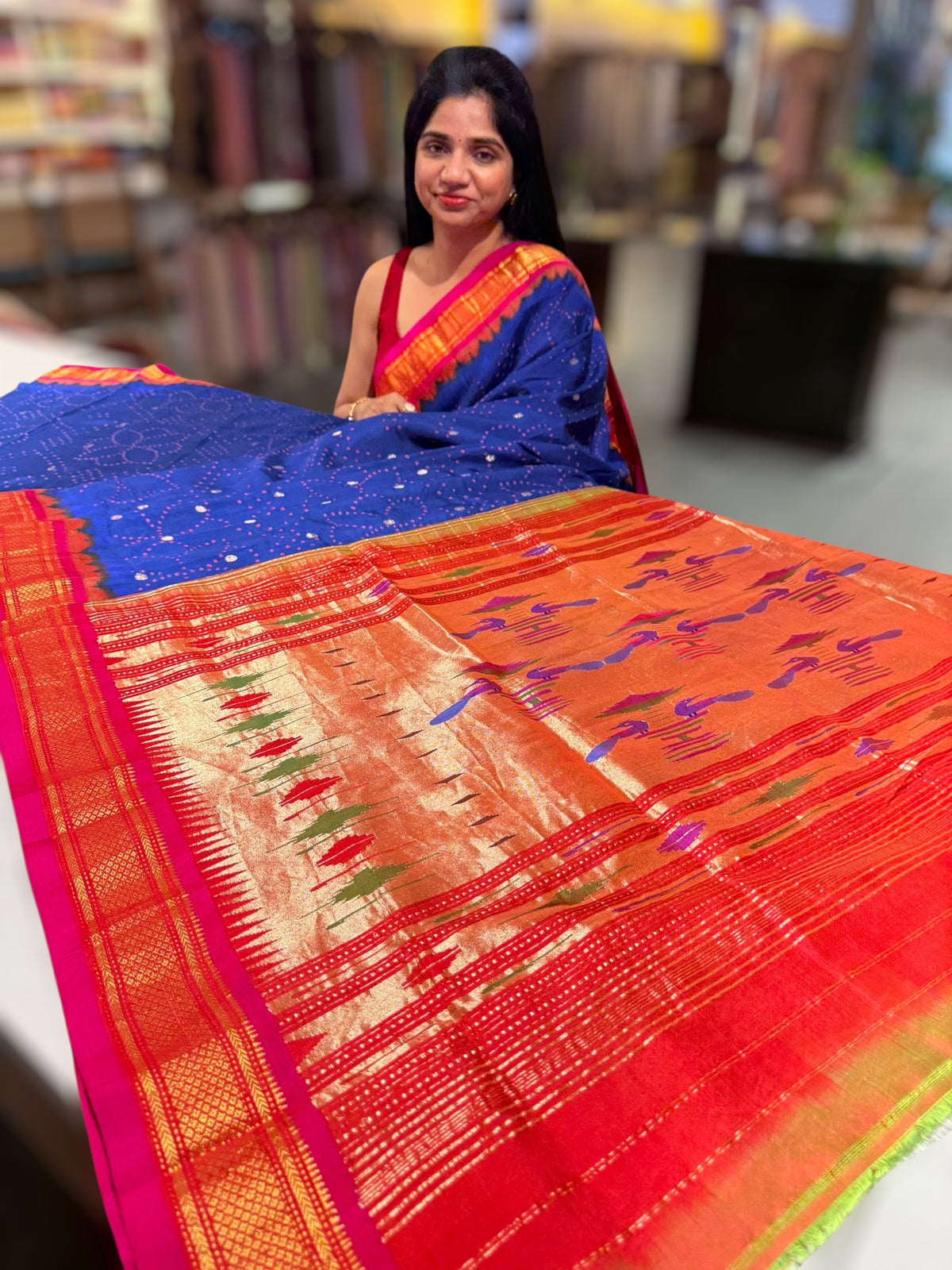 Blue Pure handloom Bandhini paithani saree