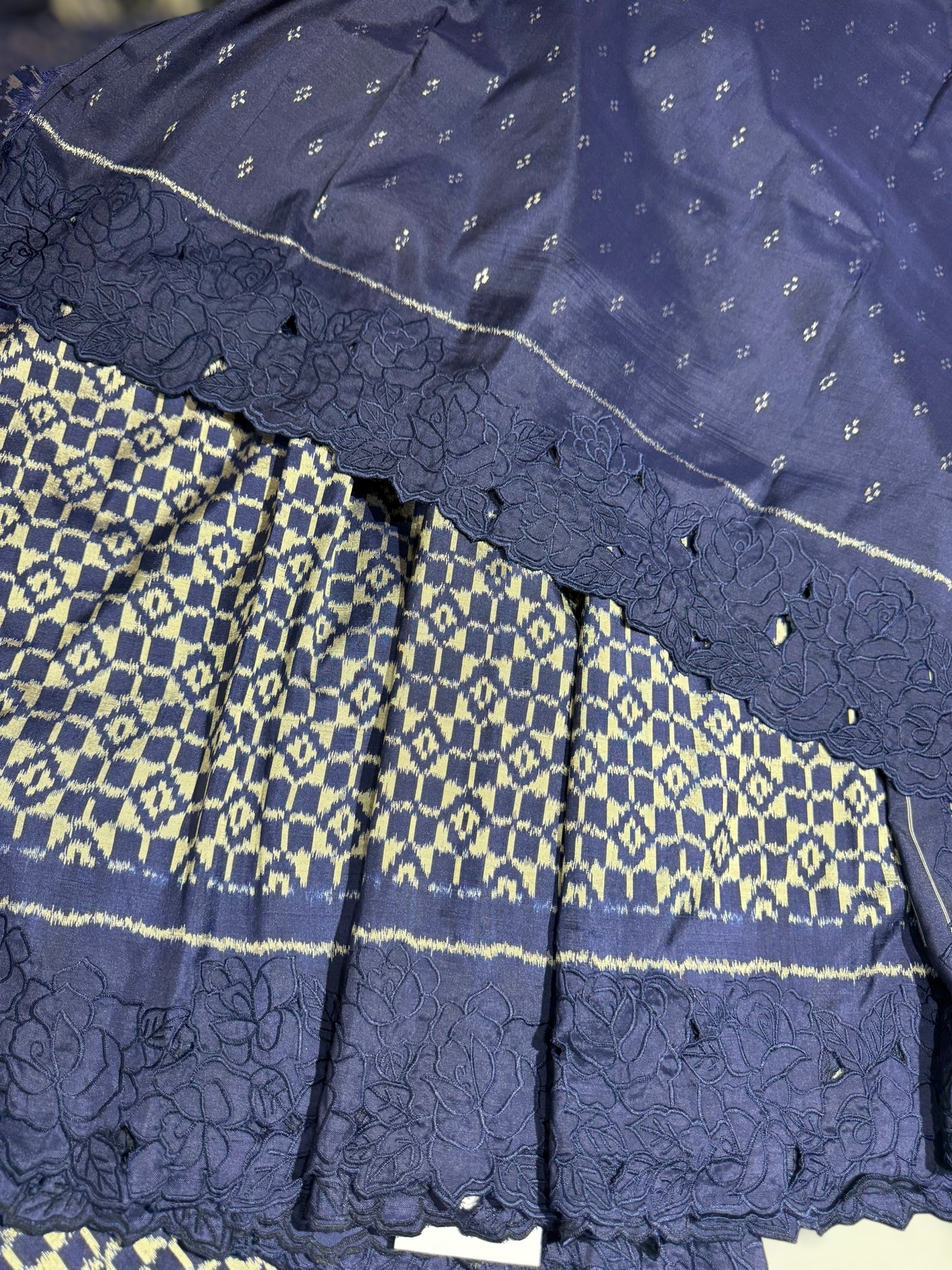 Midnight Blue Cambodian–inspired Ikkat Silk Saree with cutwork Rose Border