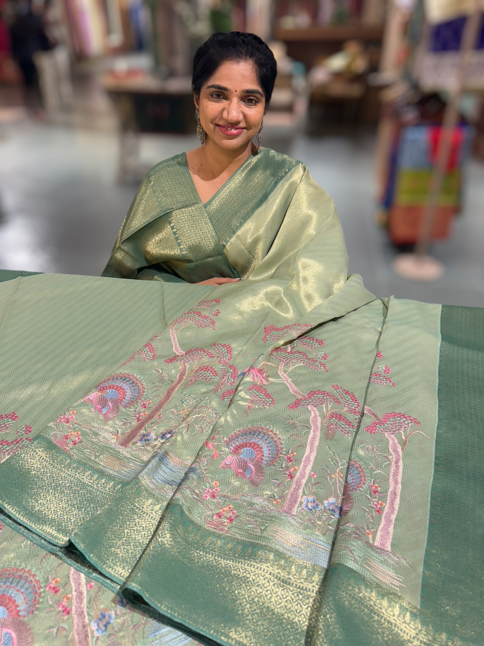 Mint Banarasi Tonchoi Brocade Saree with Parsi Gara style embroidery