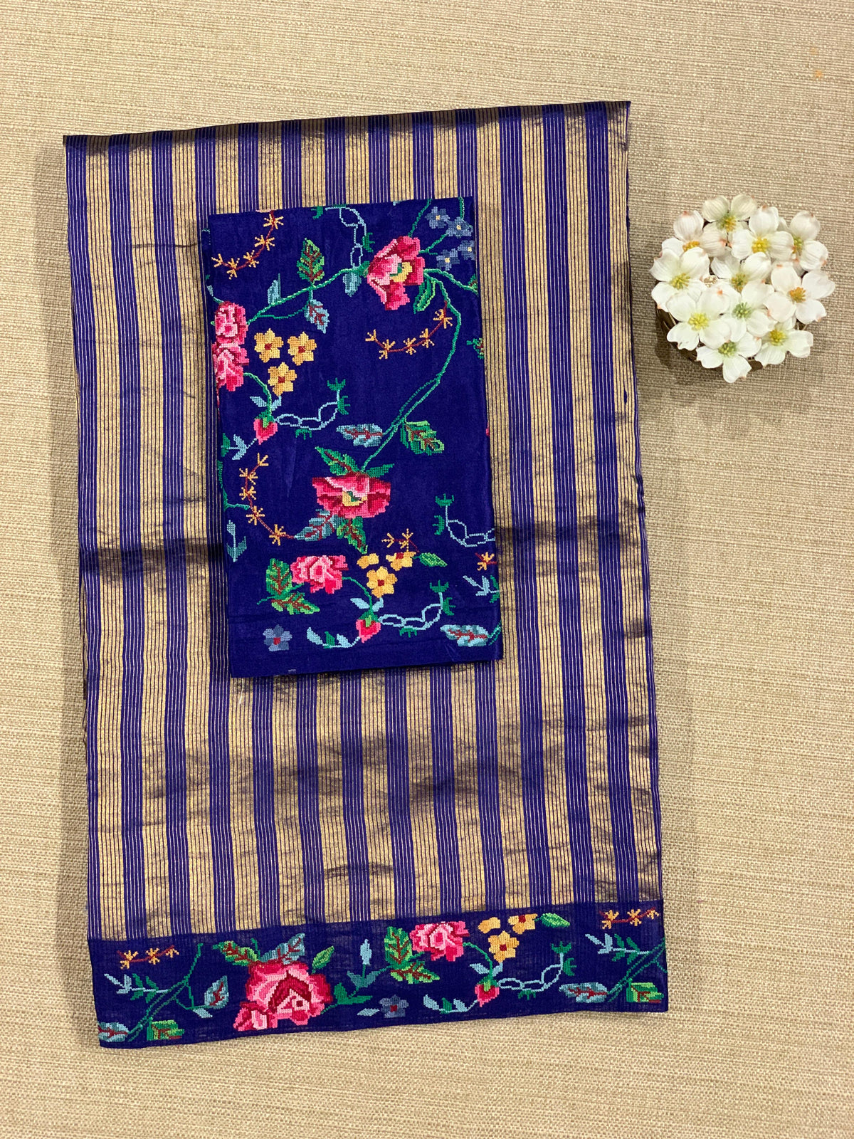 Blue Banarasi Tissue stripes Saree with petite point embroidery
