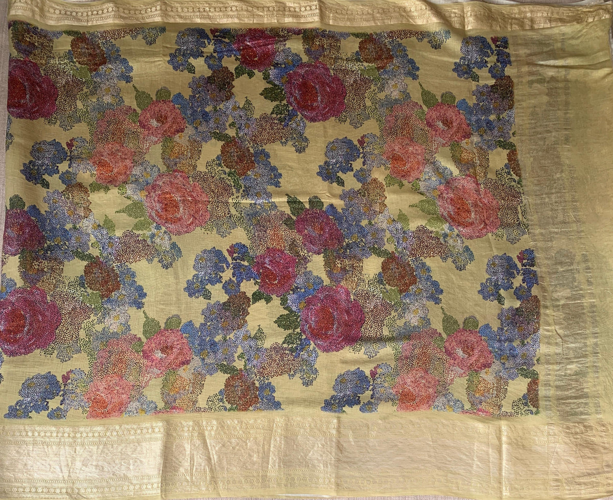 Pista Green Pure Handloom Chiniya Silk Saree with stunning Floral Print and zari borders