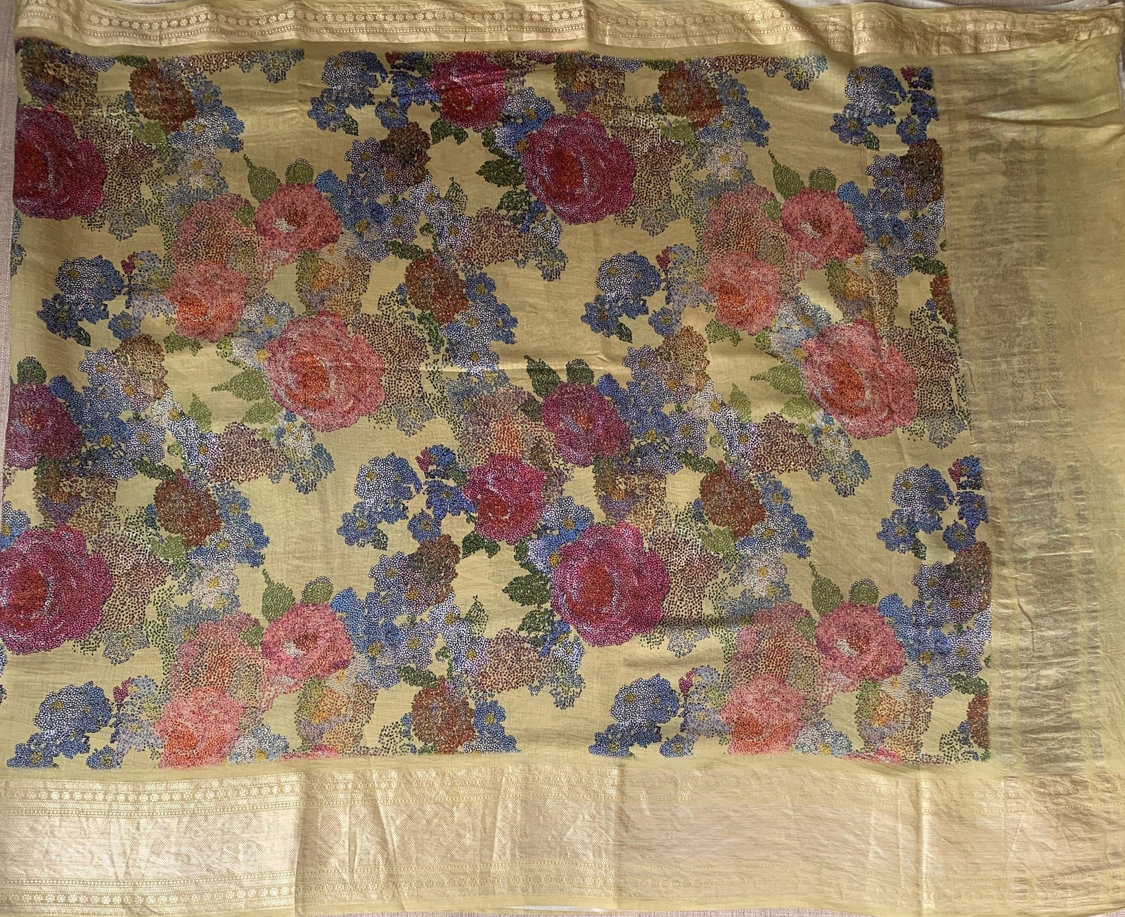 Pista Green Pure Handloom Chiniya Silk Saree with stunning Floral Print and zari borders