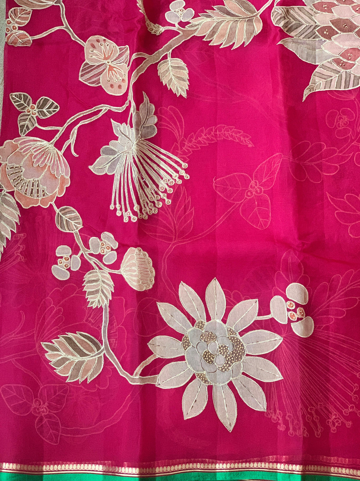 Dark Pink Designer Organza with Tissue applique work