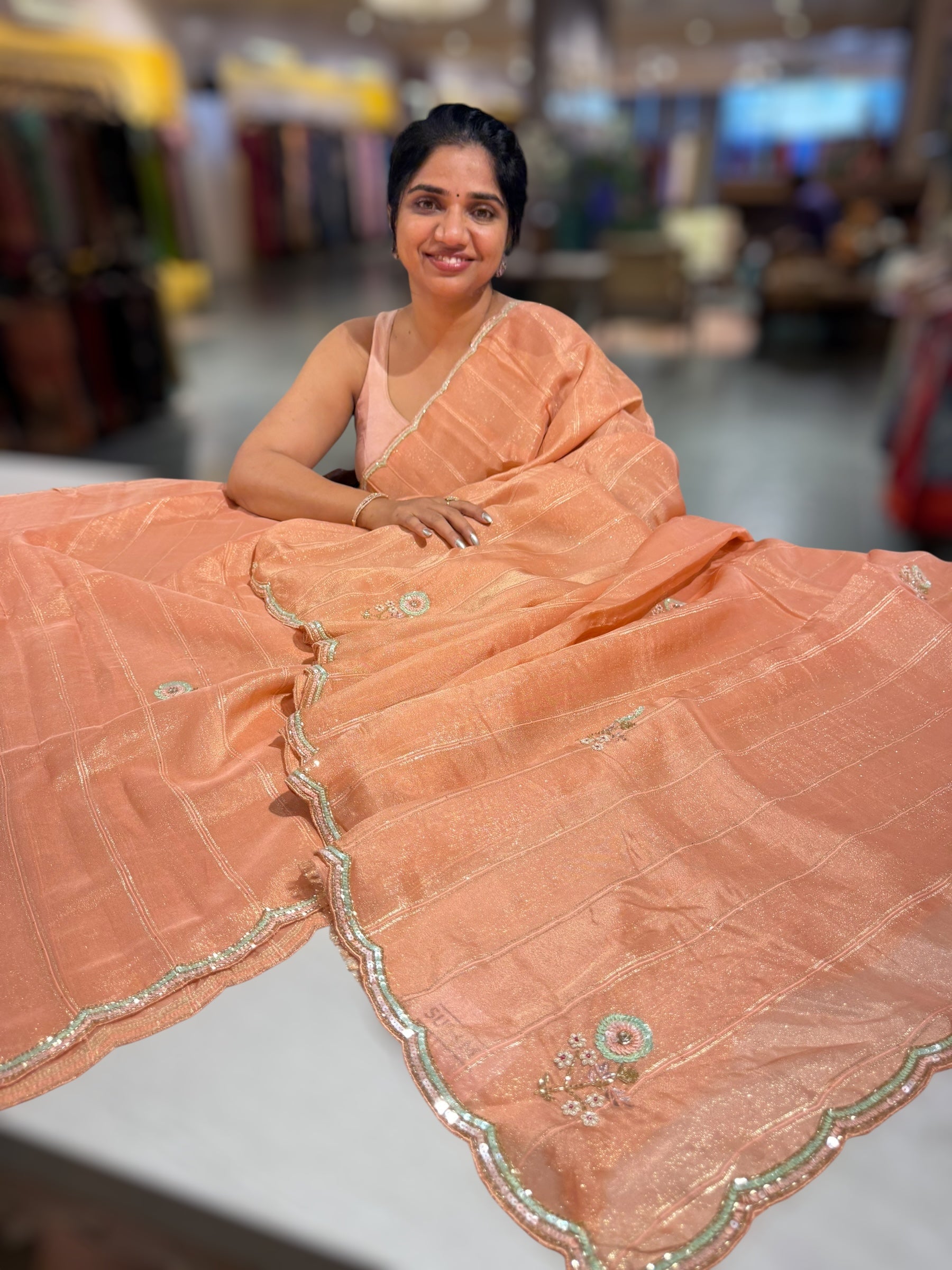 Tissue Gorgette Saree With Handwork Border and Blouse.