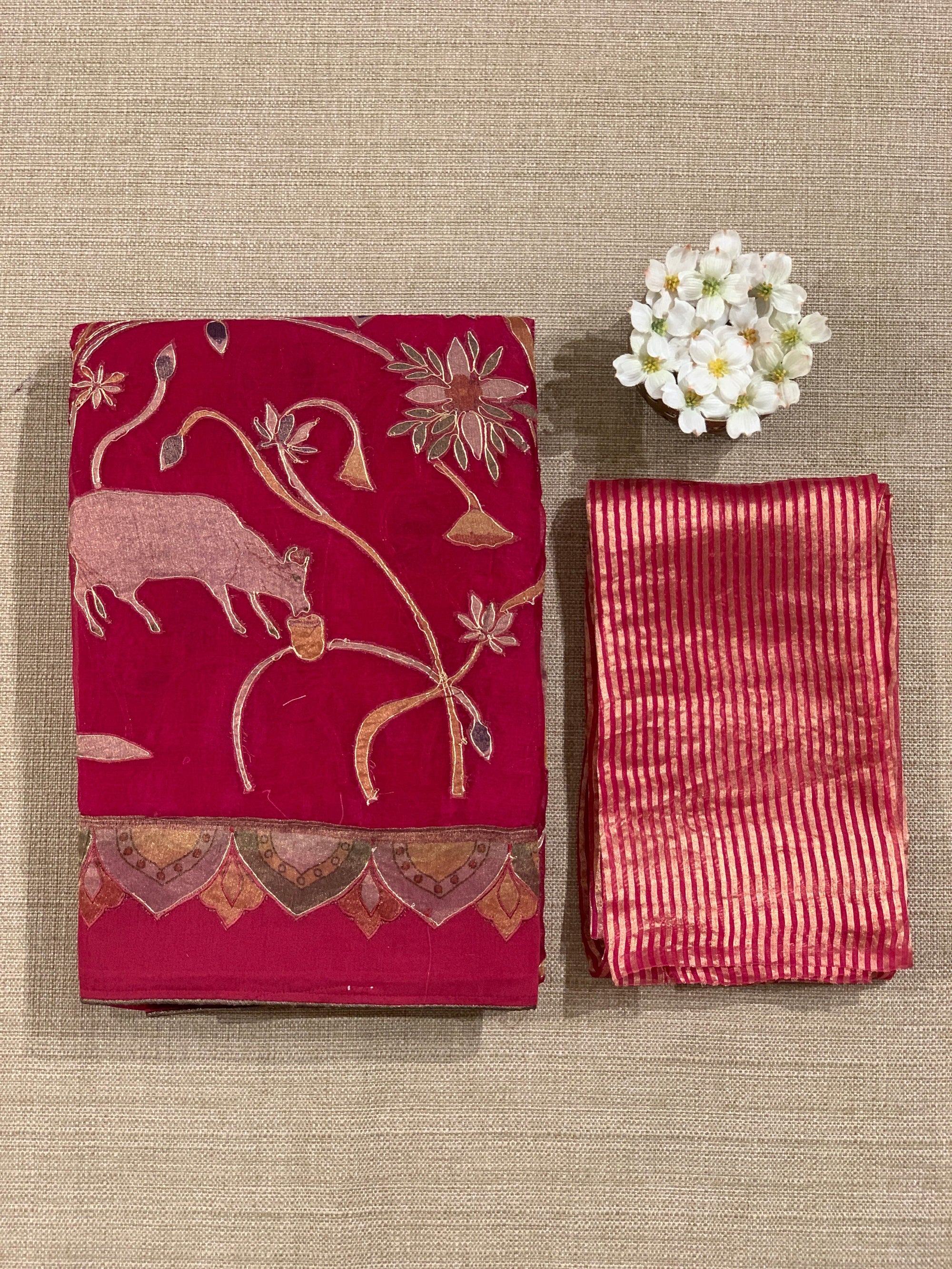 Ruby Pink Designer Organza Saree with Stunning Tissue Applique work Saree with Village theme