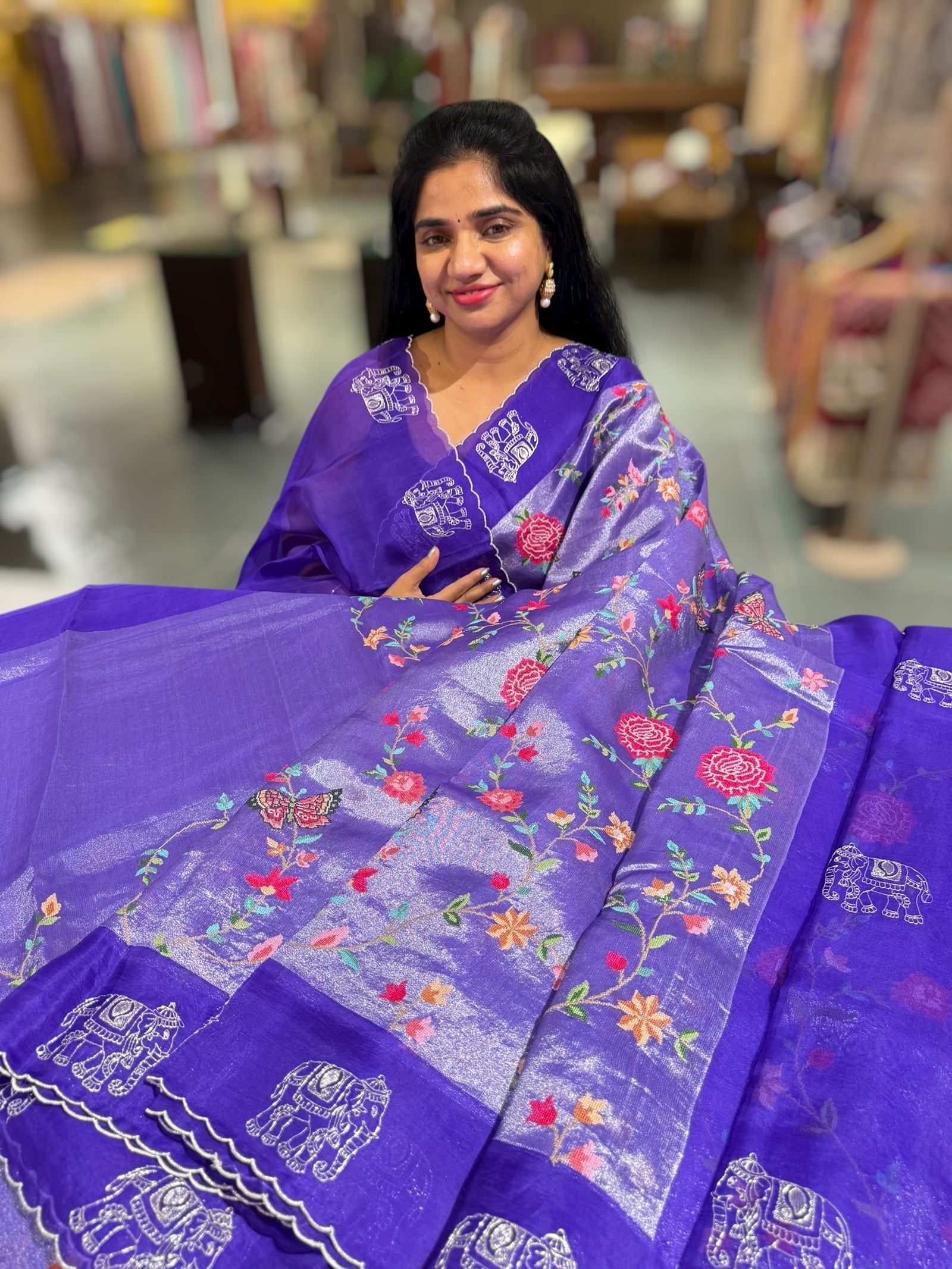 Purple Premium Handloom Designer Tissue saree with exquisite embroidery
