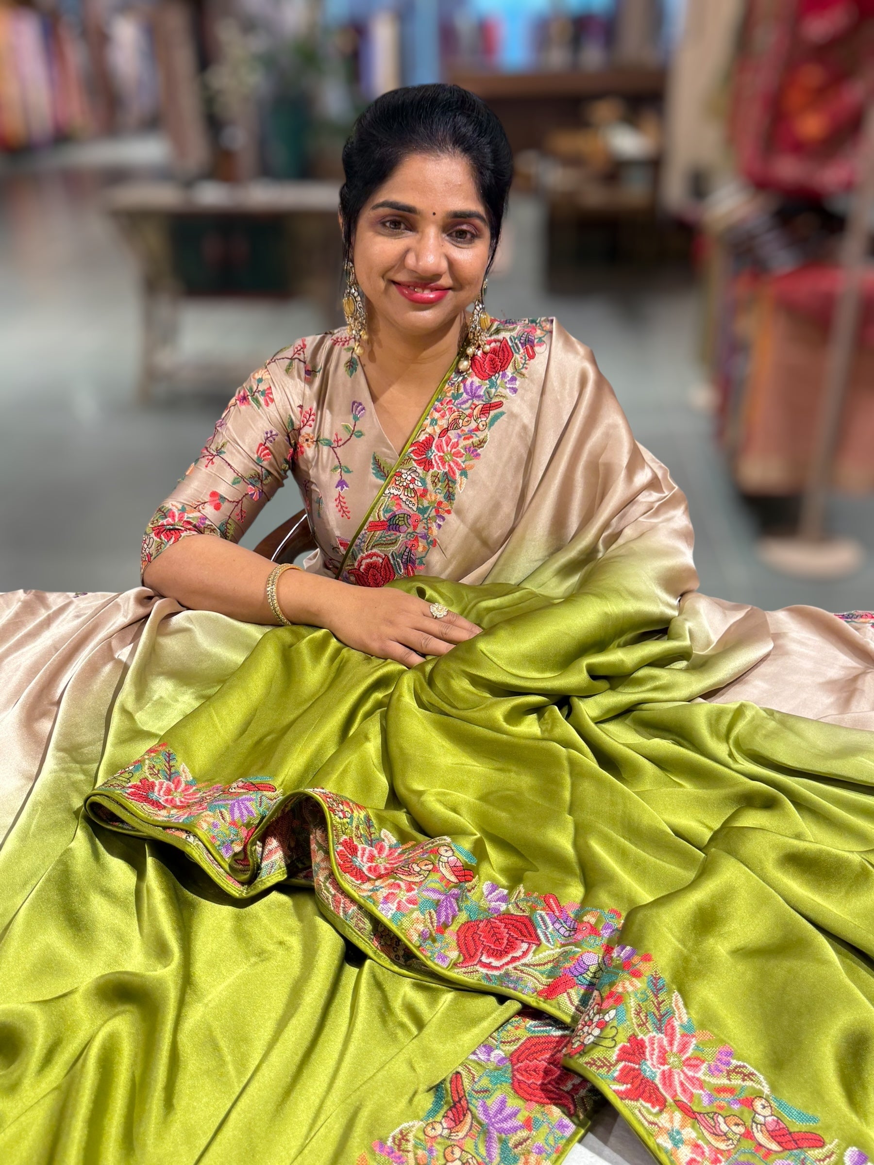 Pure Satin Ombre Dyed Saree with Petite Point Embroidered Border and blouse.