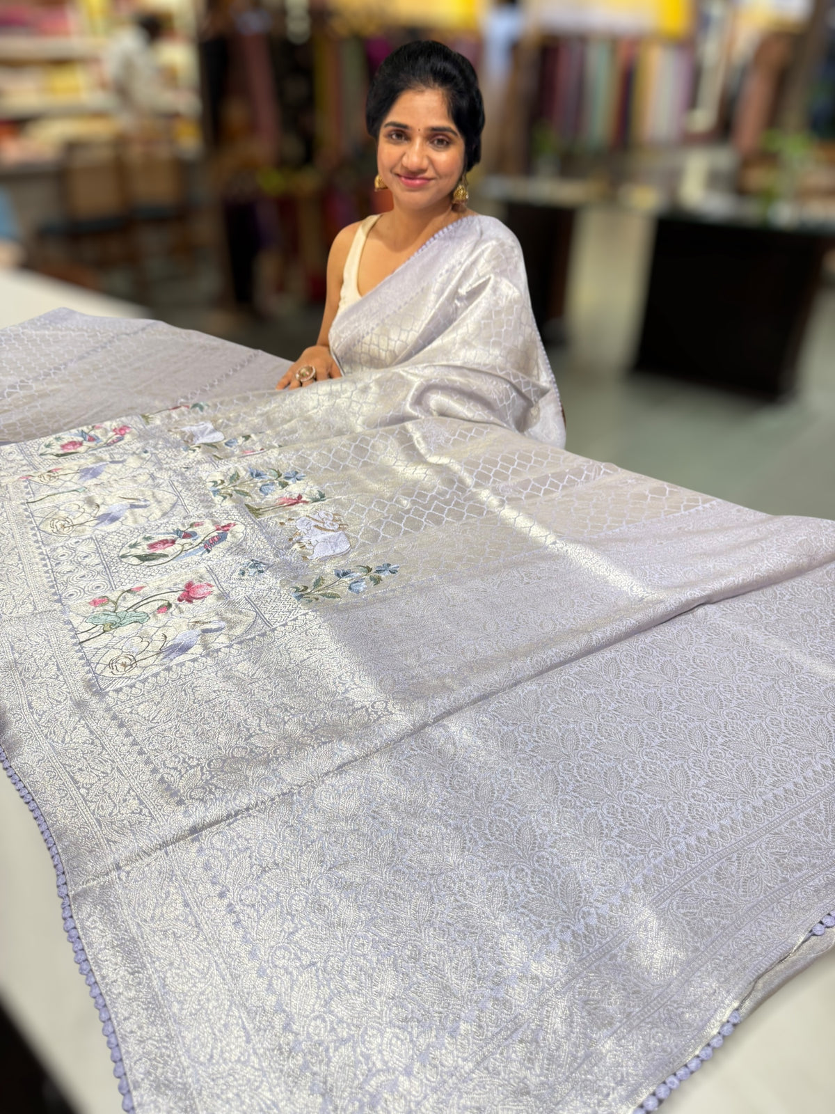 Bluish Lilac Fancy Banarasi saree with embroidery