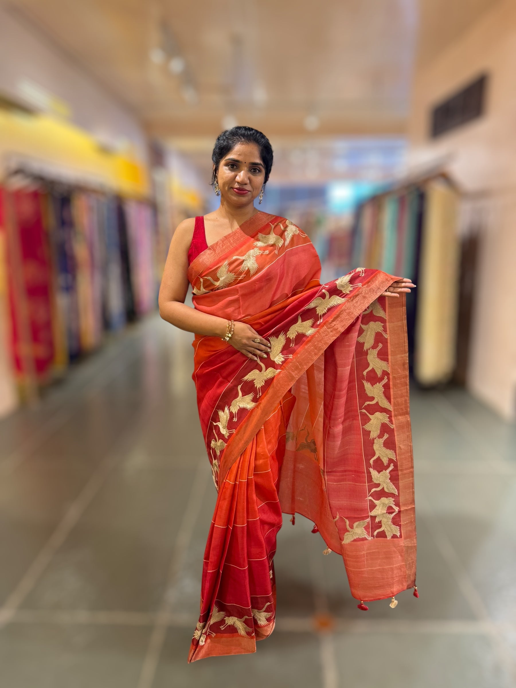 Tussar Rangkaat Saree With Crane Bird  Embroidered Border