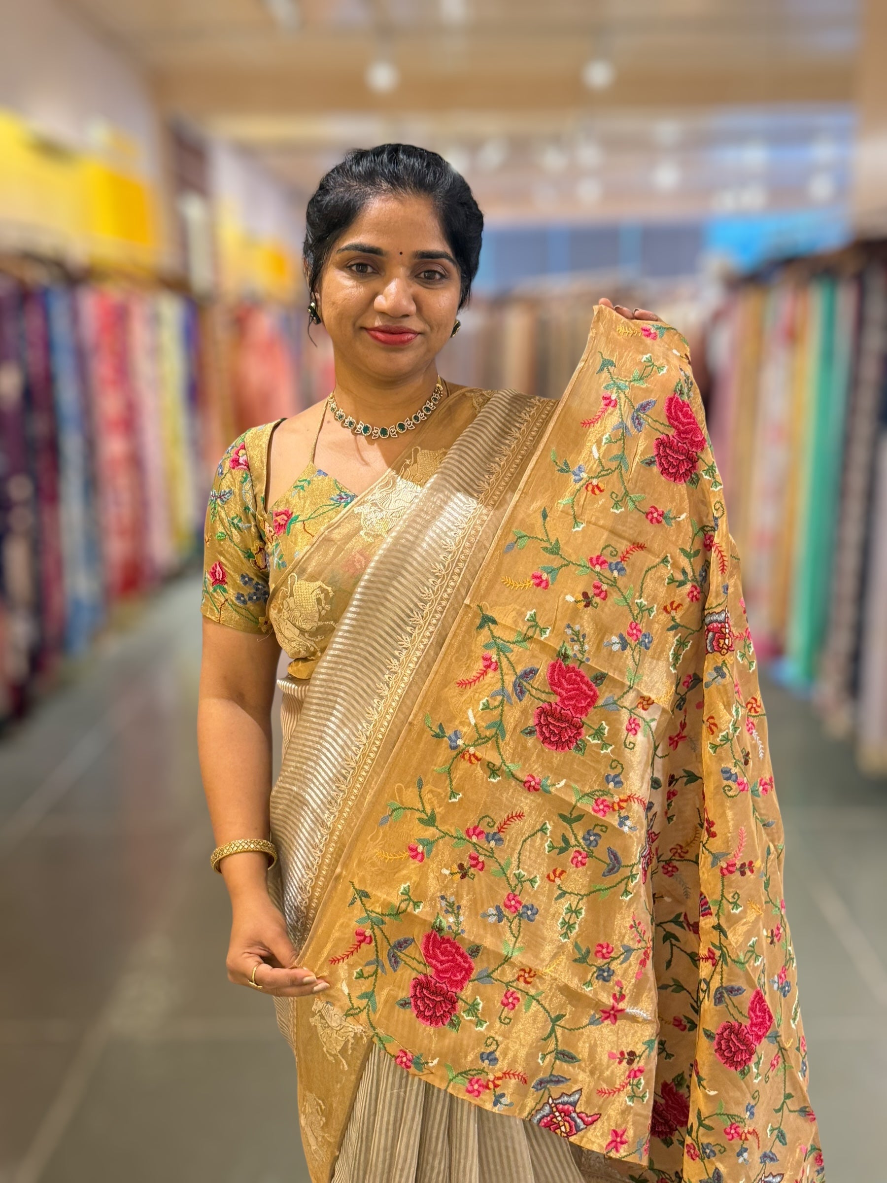 Earthy Grey Kora tissue stripes Saree with Nandi embroidered tissue border