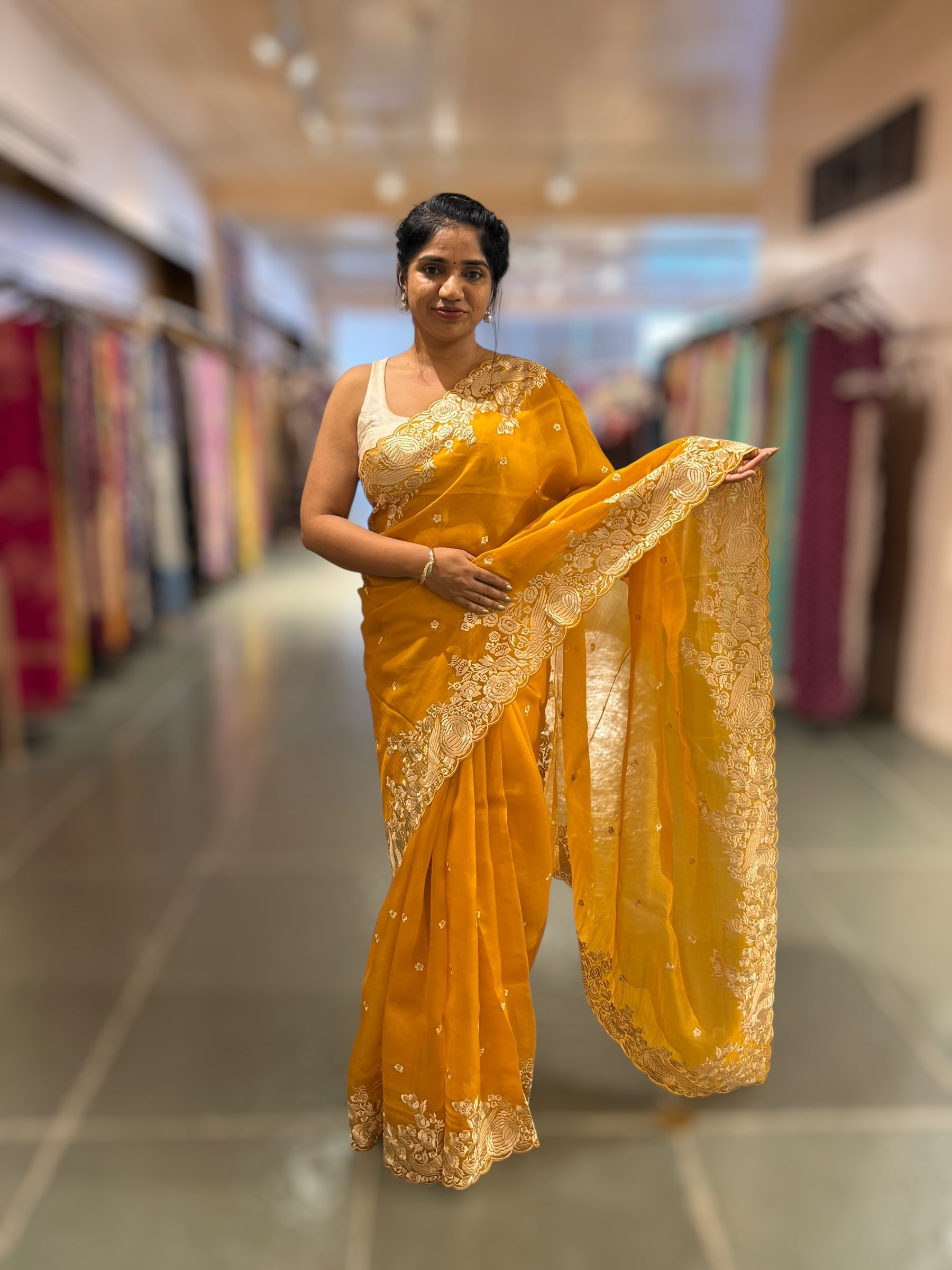 Mustard Organza Saree with Parsi Gara Embroidered Border