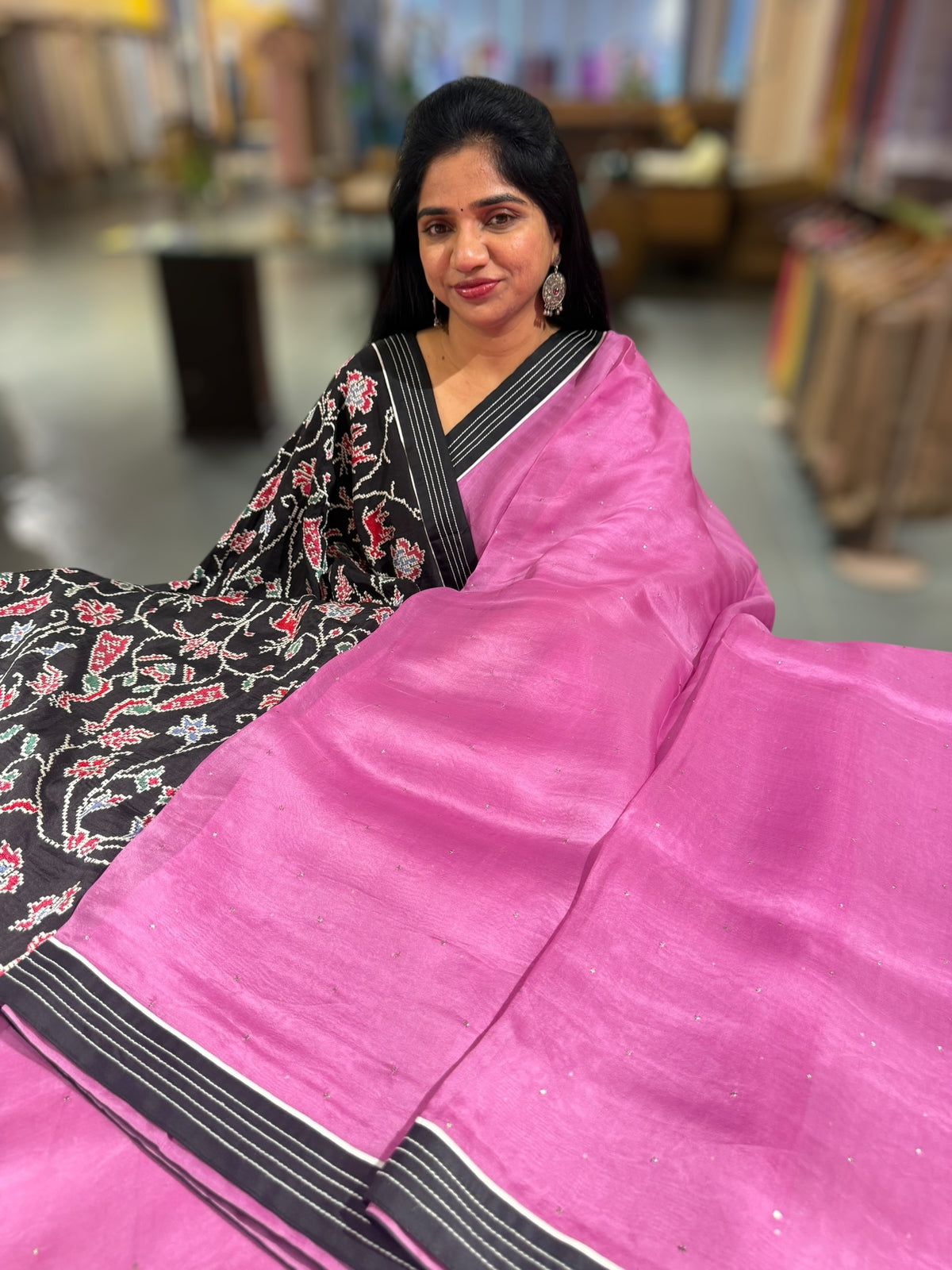 Rose Pink Organza Saree with embroidered blouse