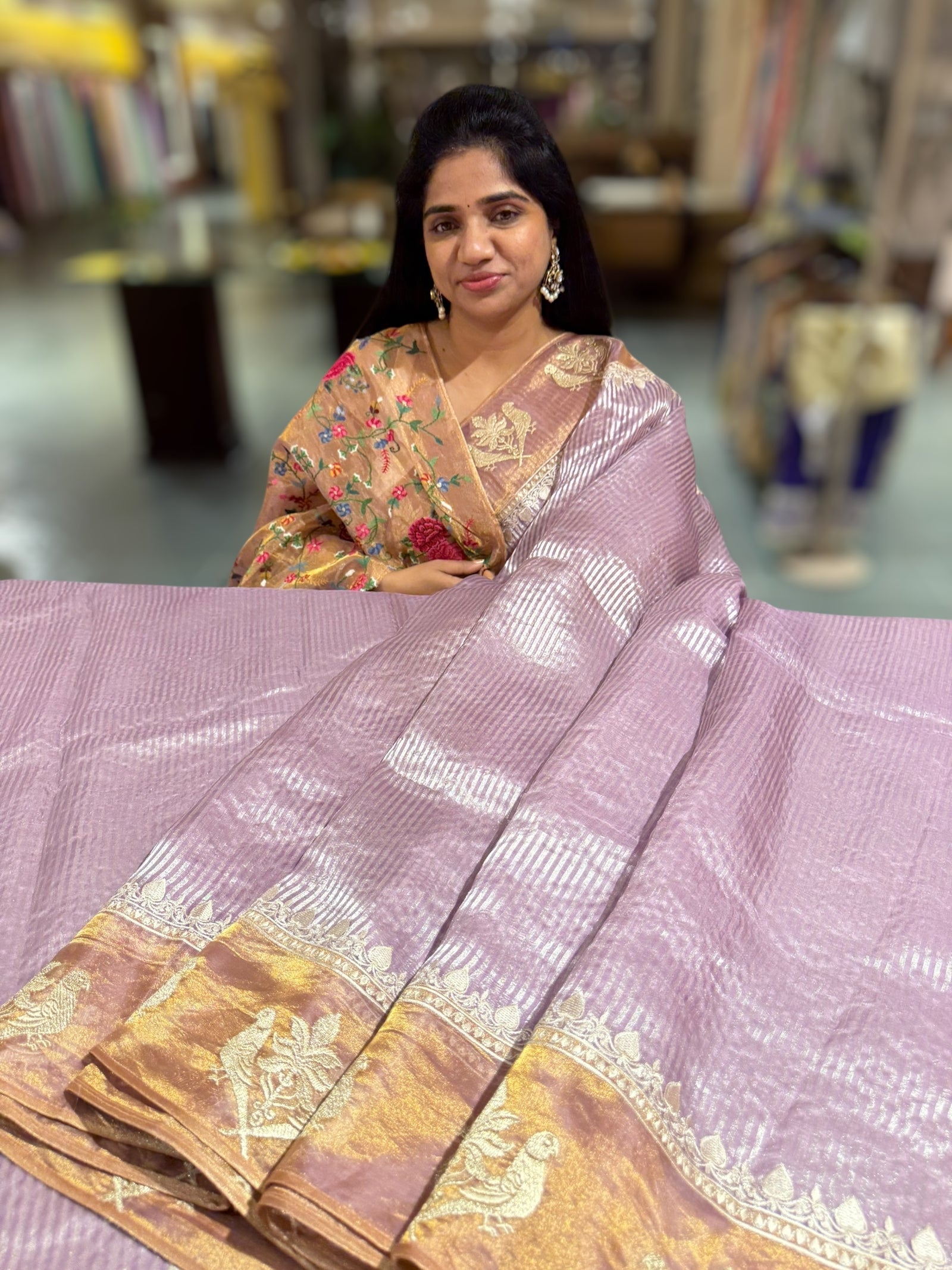 Lilac Kora tissue stripes Saree with embroidery