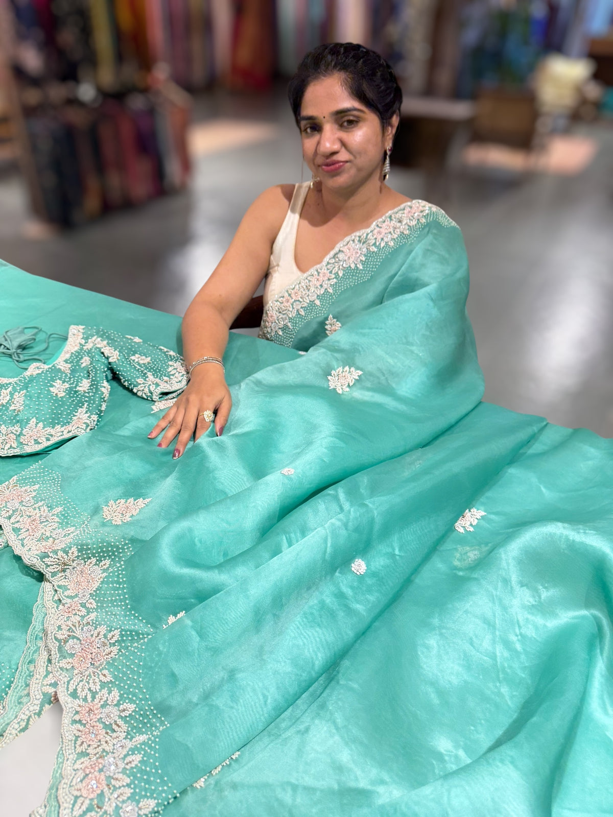 Sea Organza heavy handwork saree with ready to wear blouse