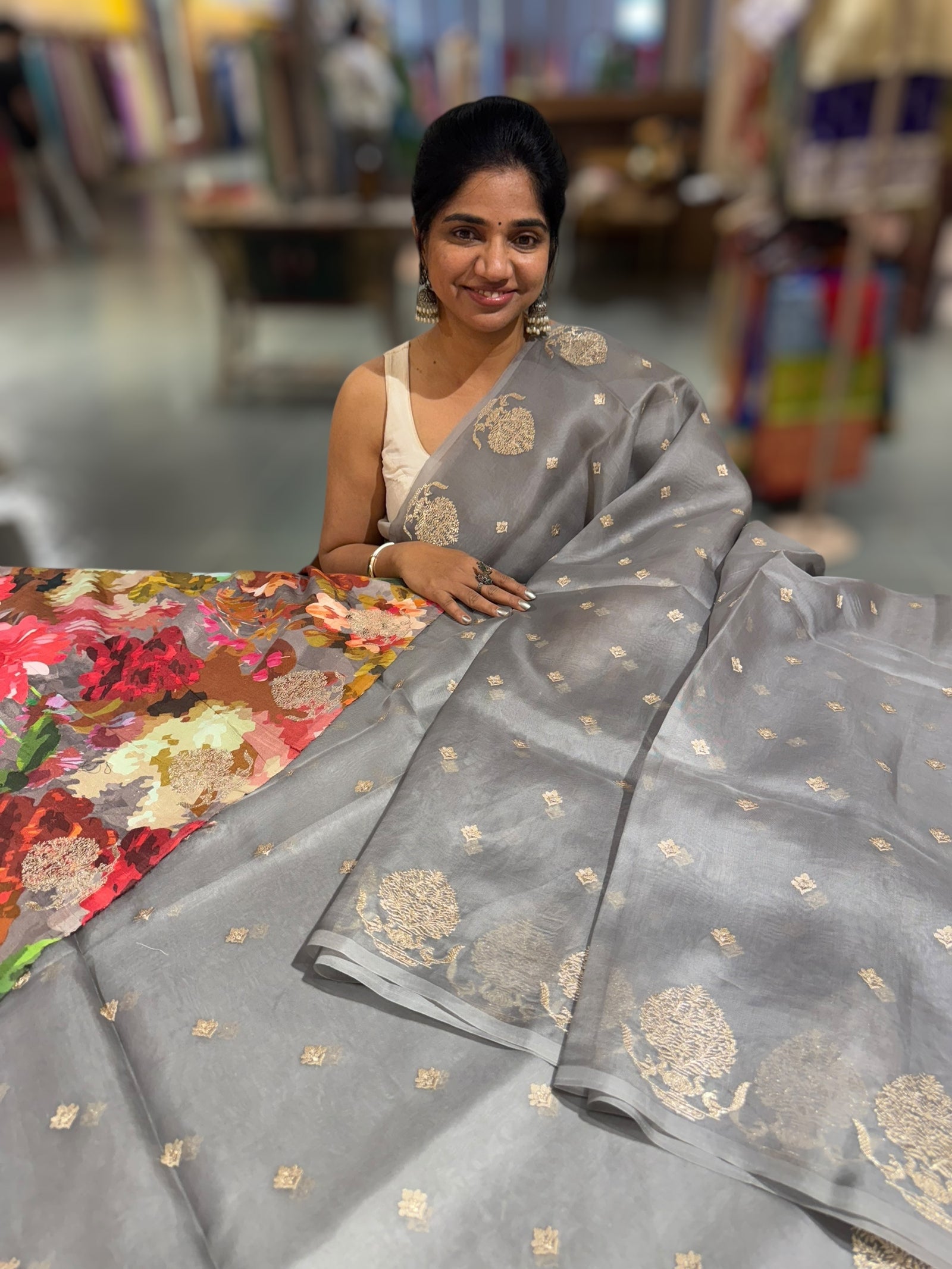 Grey Organza Saree With Embroidery & Tussar Printed Blouse