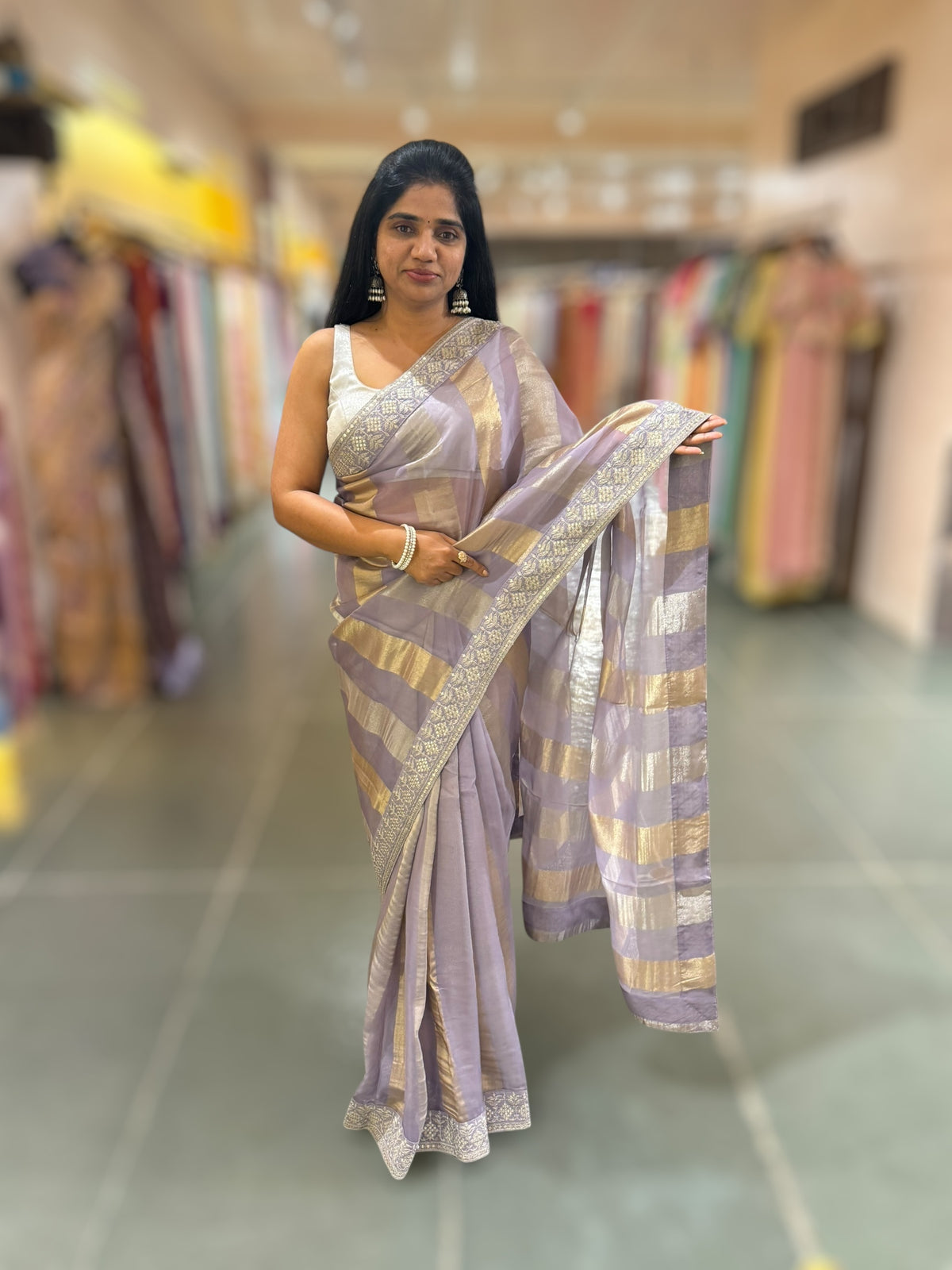 Dusty Lilac kora tissue stripes saree