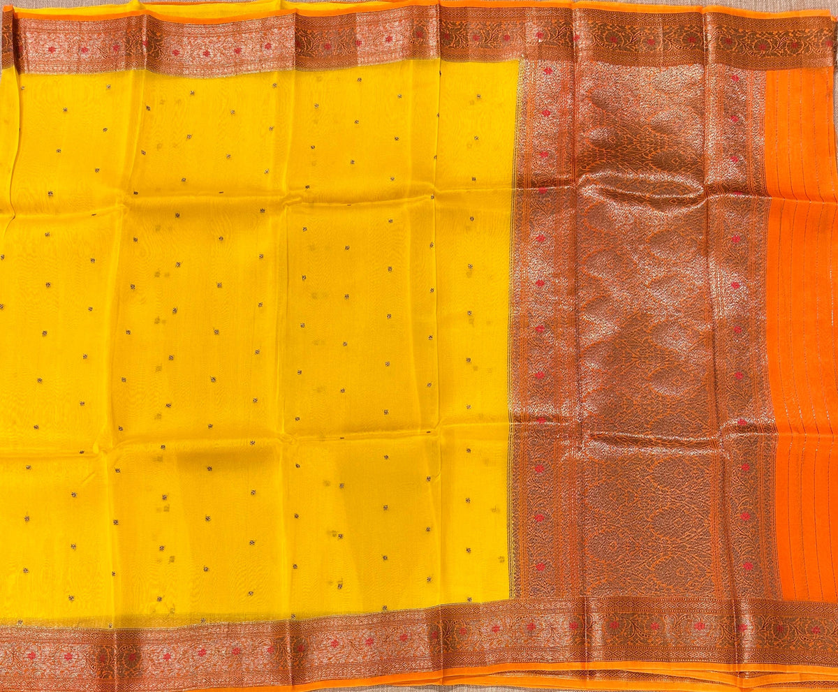 Yellow & Orange Combo Pure Handloom premium Kora Banarasi Saree with meenakari border