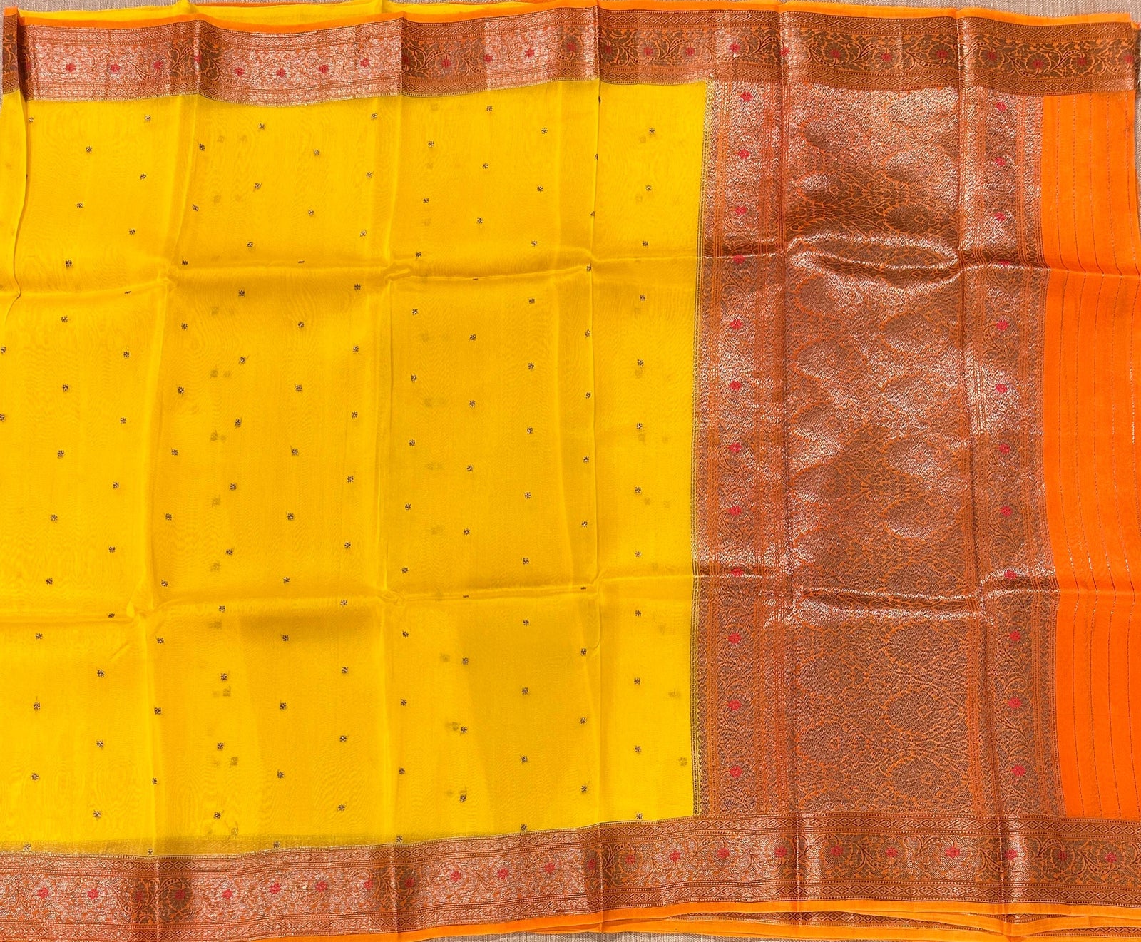 Yellow & Orange Combo Pure Handloom premium Kora Banarasi Saree with meenakari border