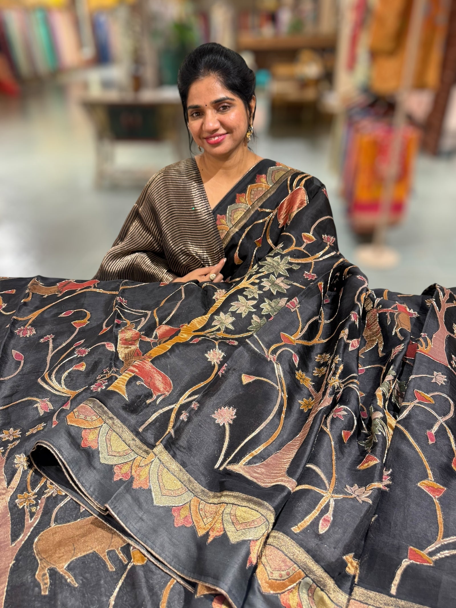 Black Designer Organza Saree with Stunning Tissue Applique work Saree with Village theme