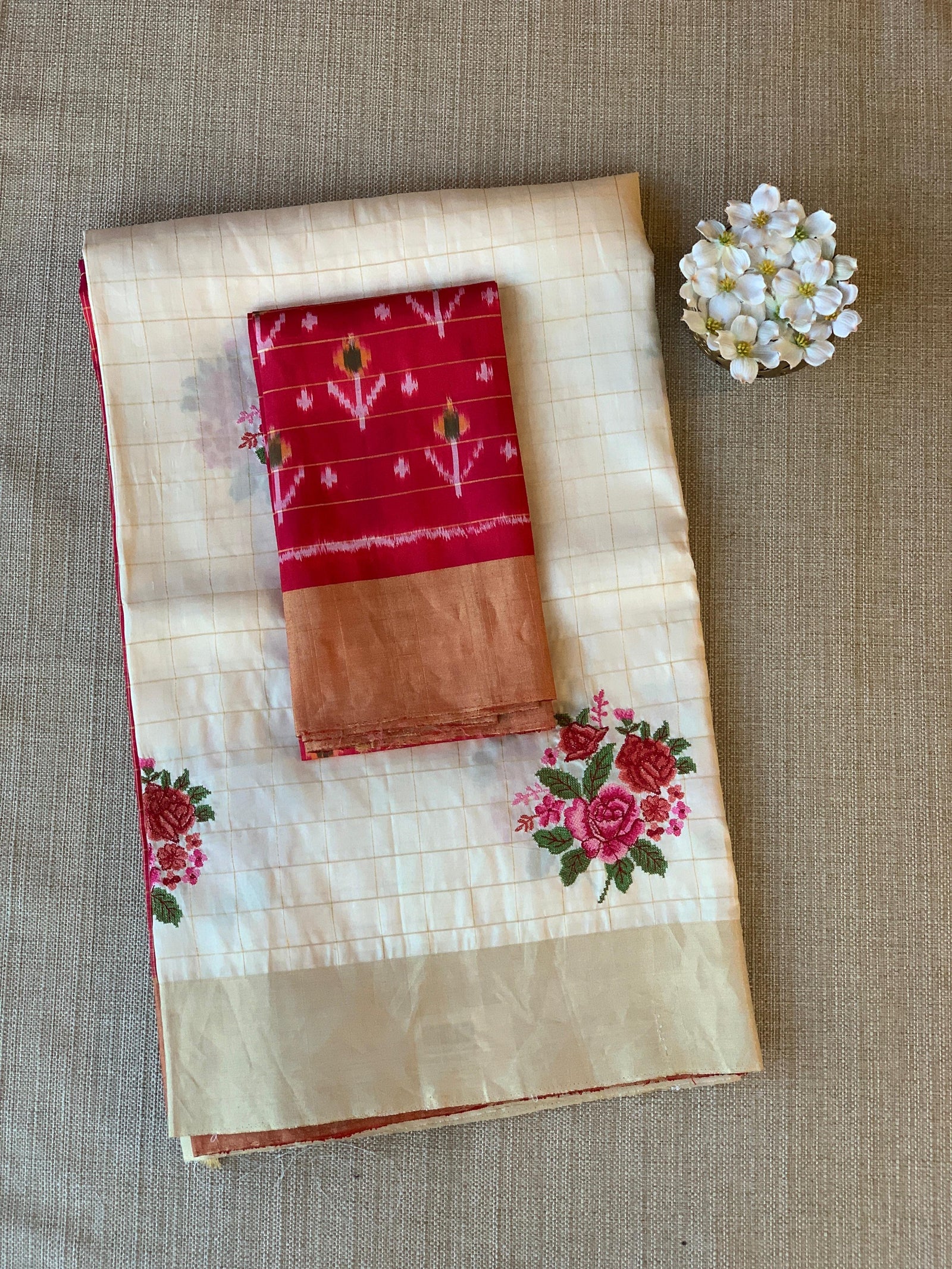 Ivory Kanchi Soft Silk Saree with embroidery