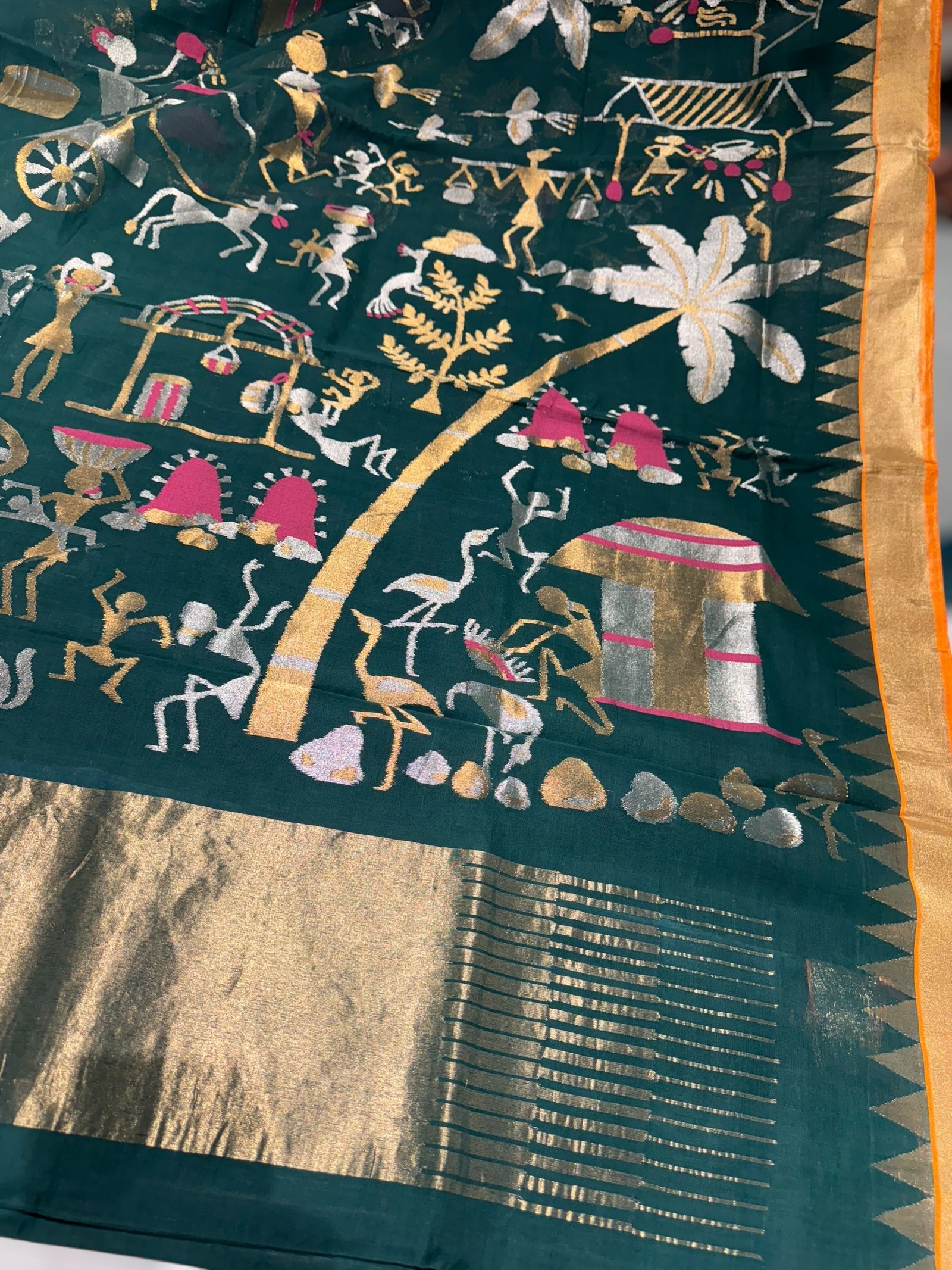 Forest Green Ponduru Khadi Jamdani Allover Weaving Saree with village Theme