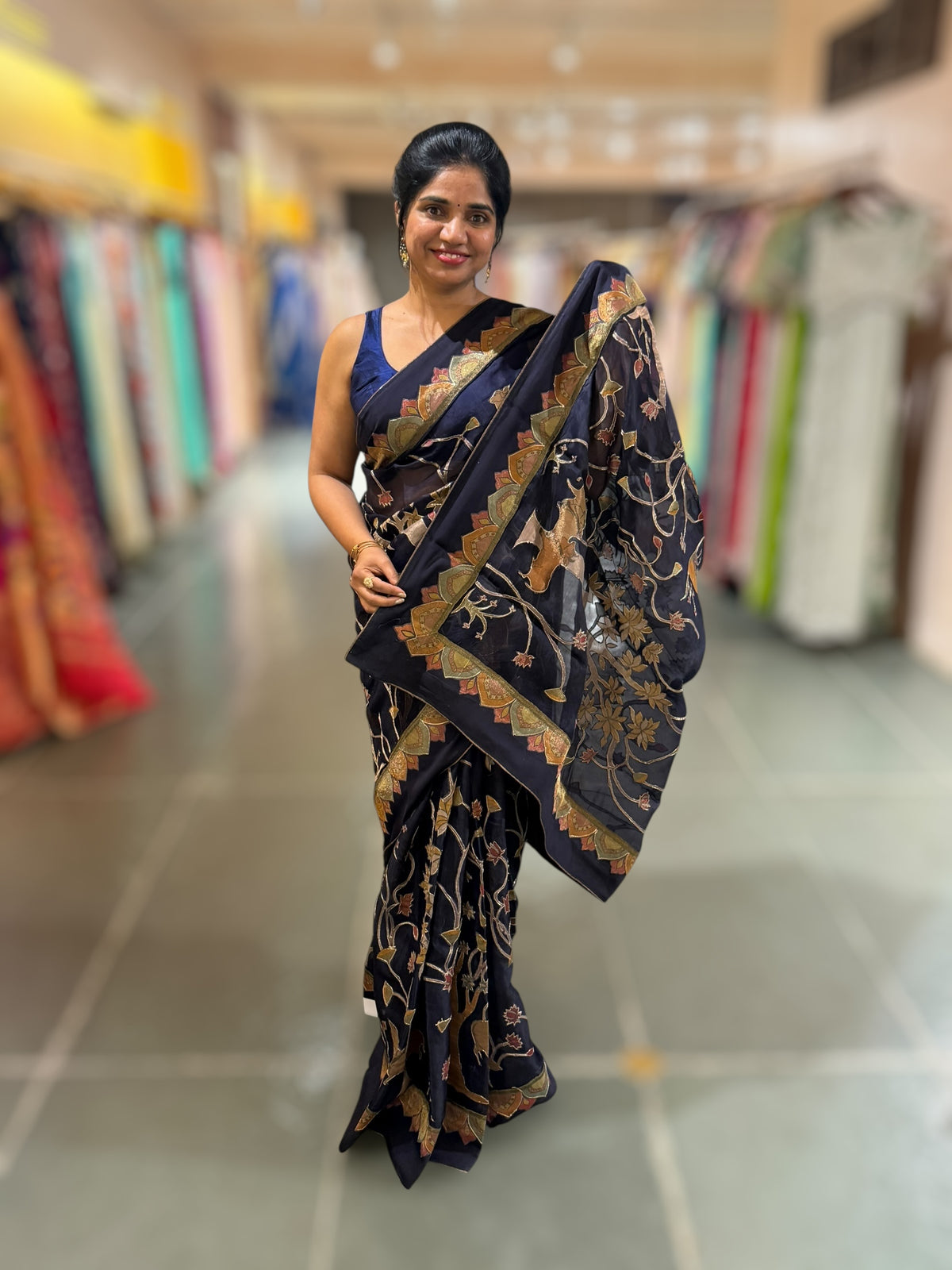 Midnight Blue Designer Organza Saree with Stunning Tissue Applique work Saree with Village theme