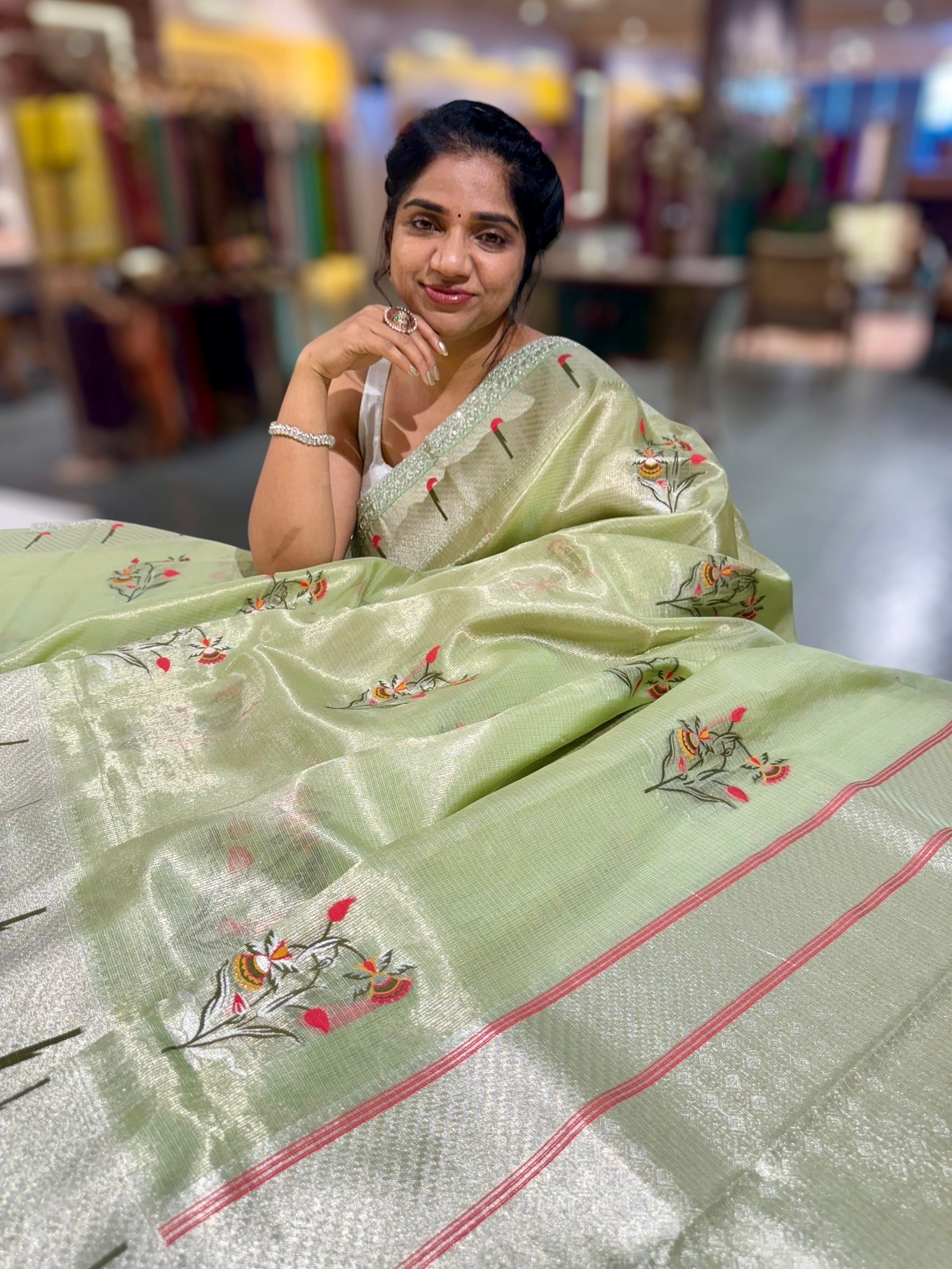 Sea Green Tissue Kota Saree With sabhyasachi Borders and Blouses
