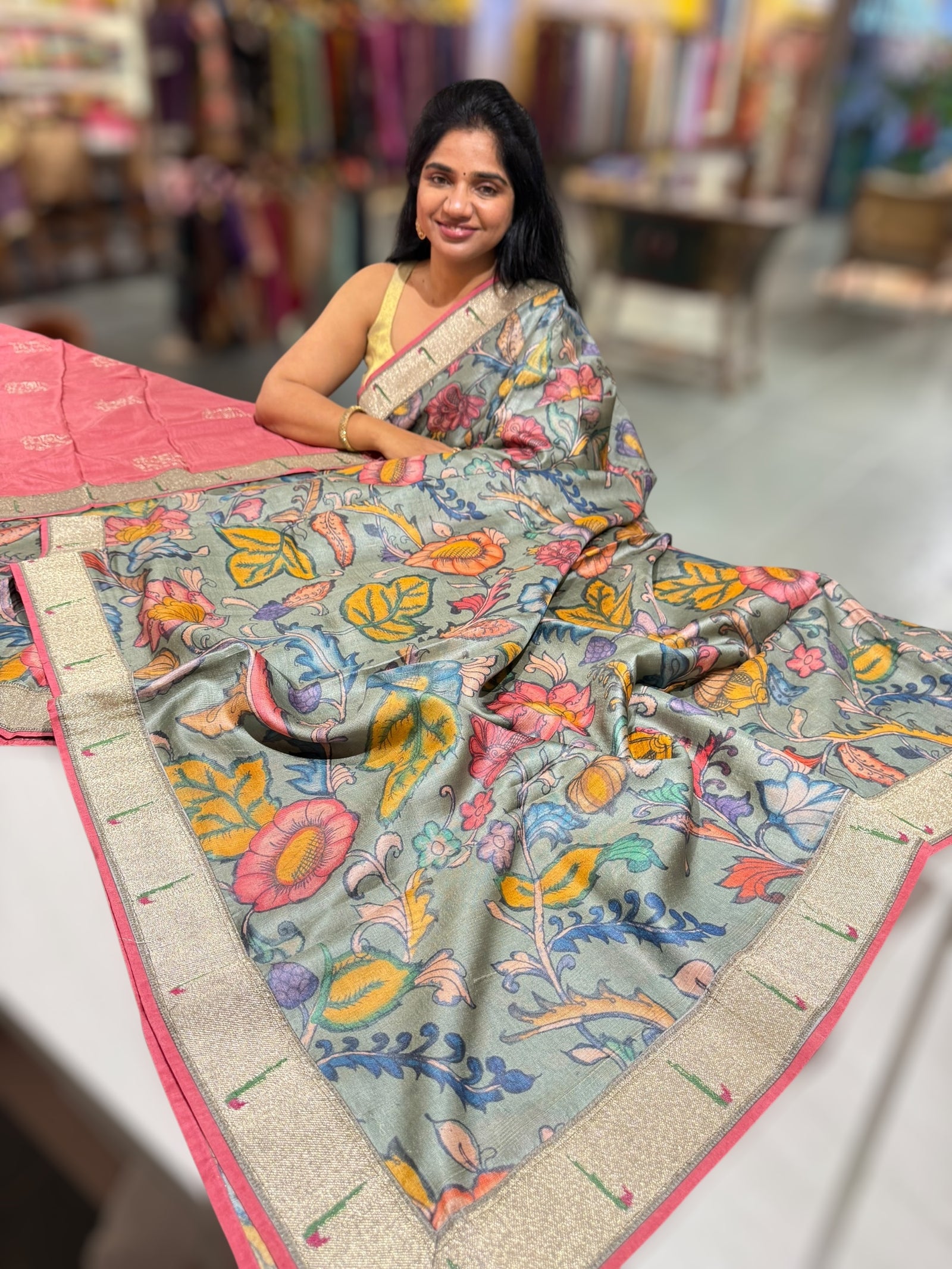 Pure Handloom Tussar kalamkari Saree with pythani single muniya borders