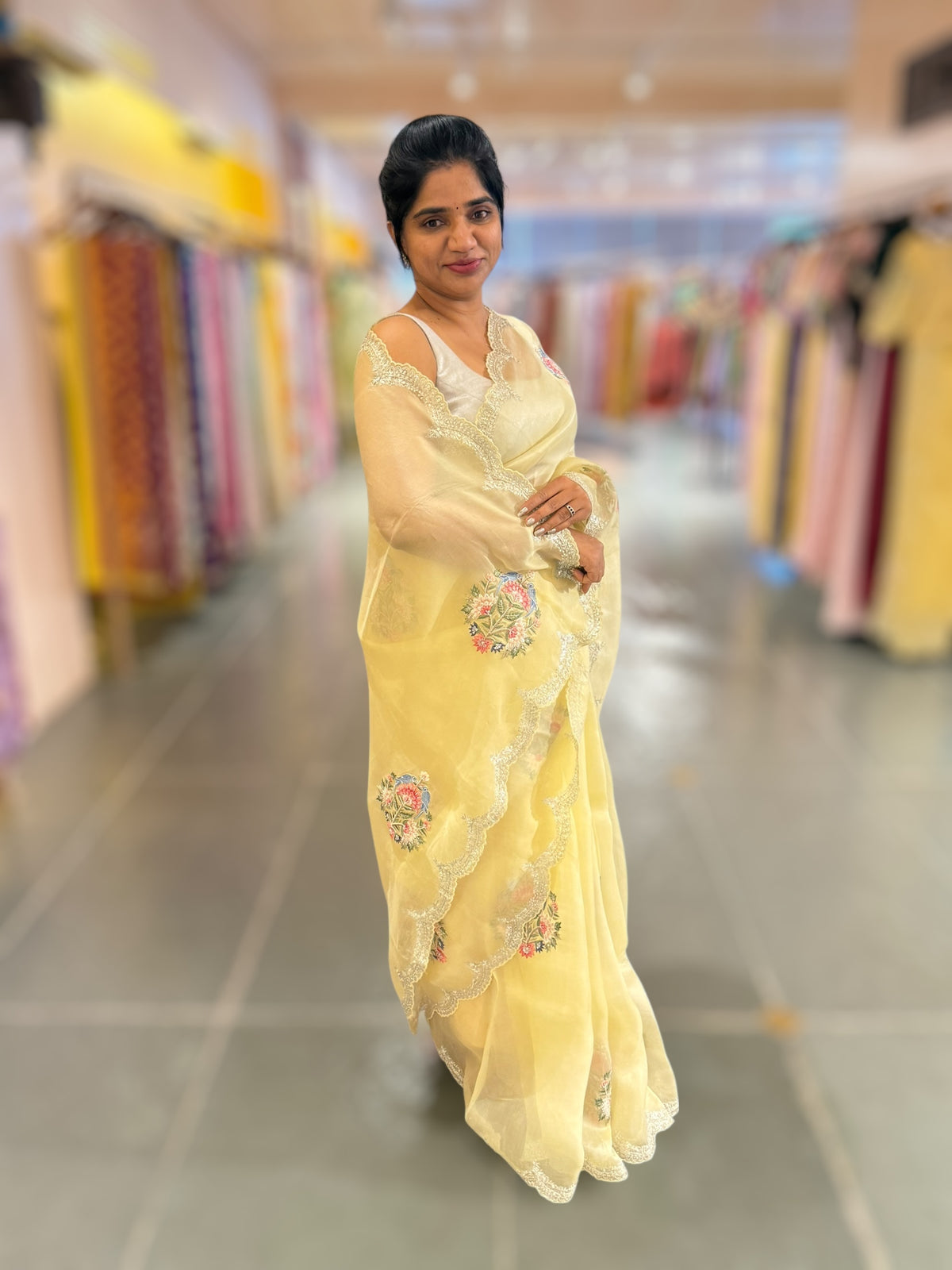 Pastel yellow pure Organza handwork saree