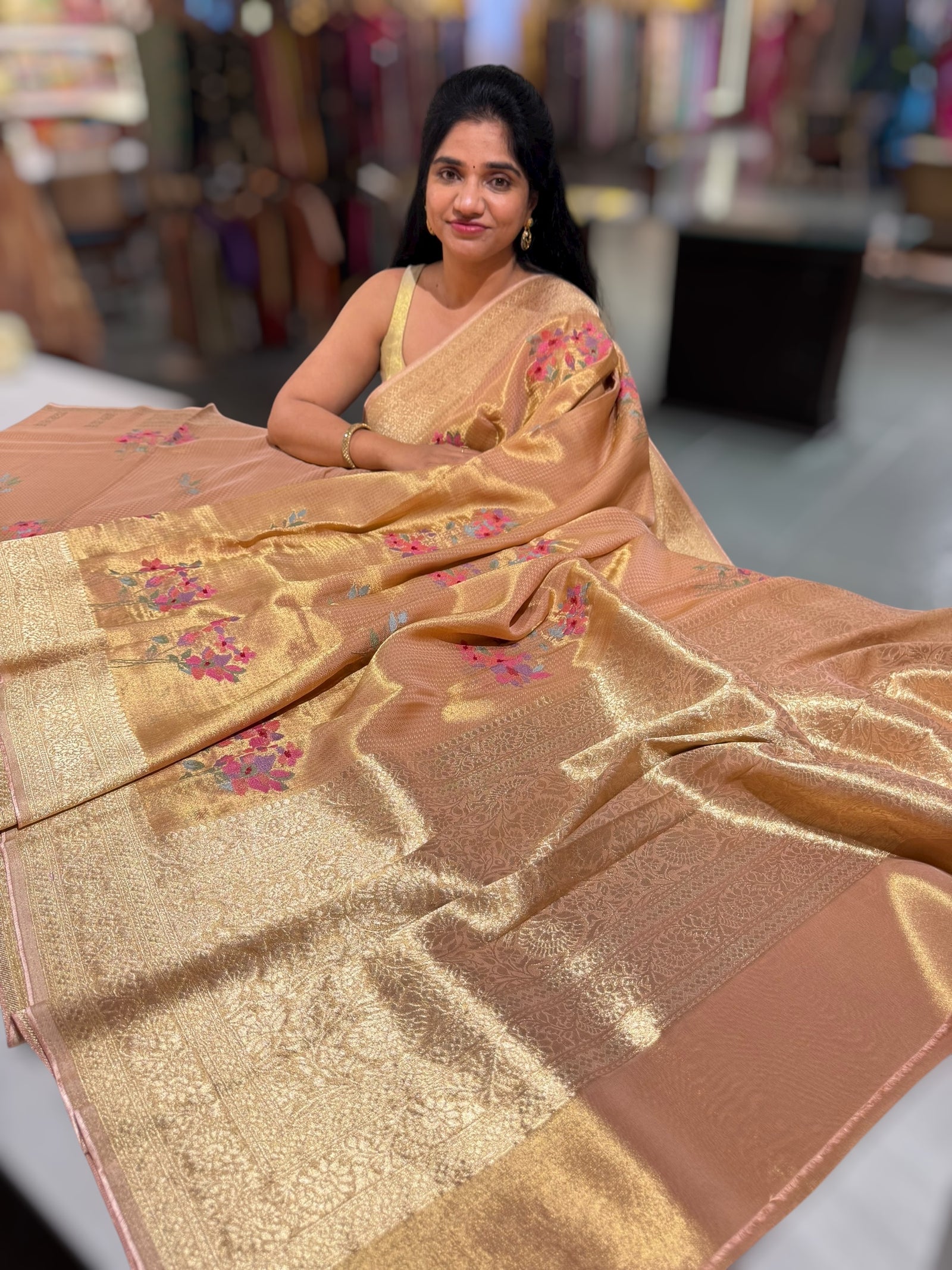 Peach Fancy Banarasi tissue tonchoi weaving saree with embroidery