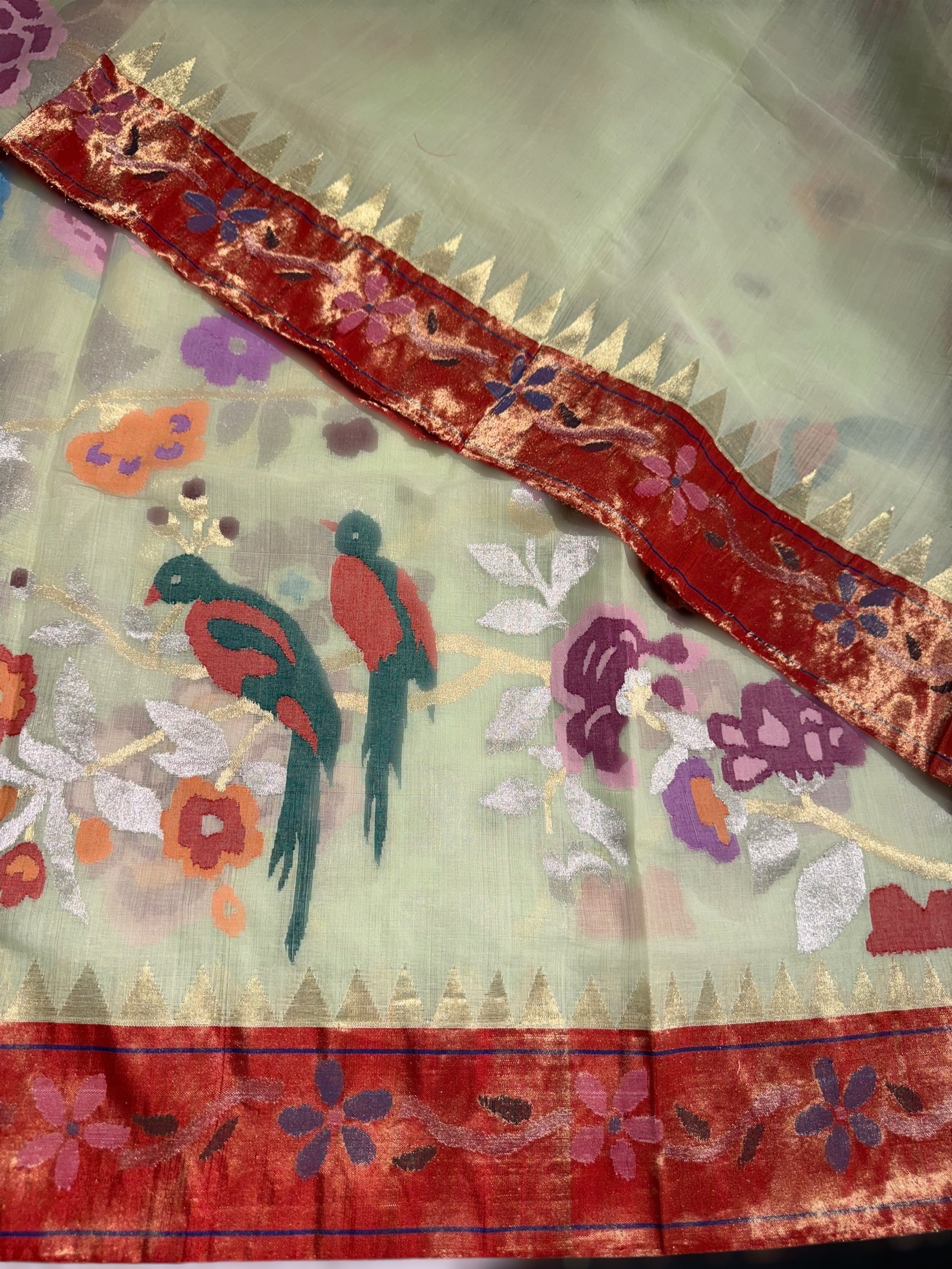 Mint allover ponduru khadi jamdani with paithani borders & Pallu