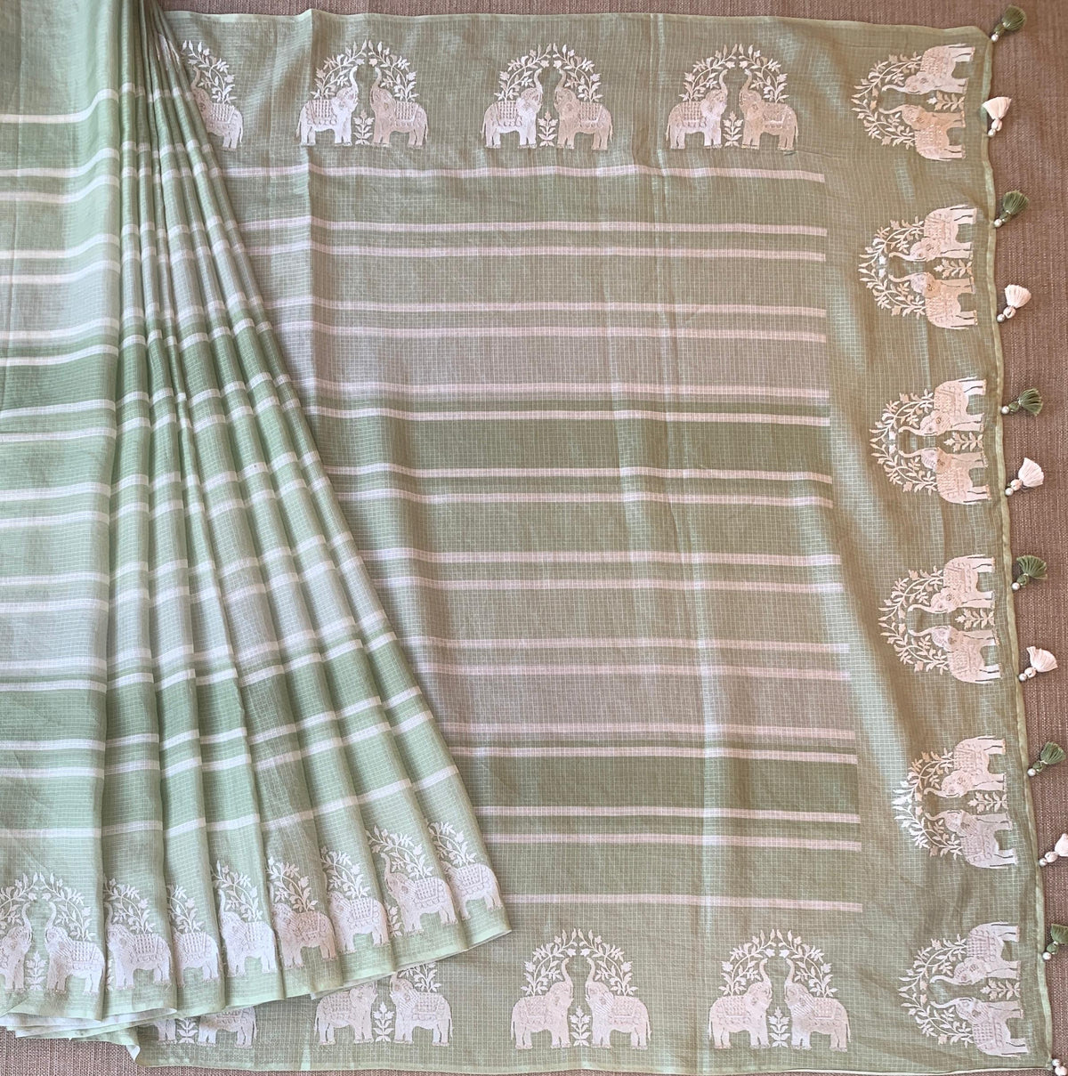 Dusty Green Designer Silk kota saree with elephant embroidered border