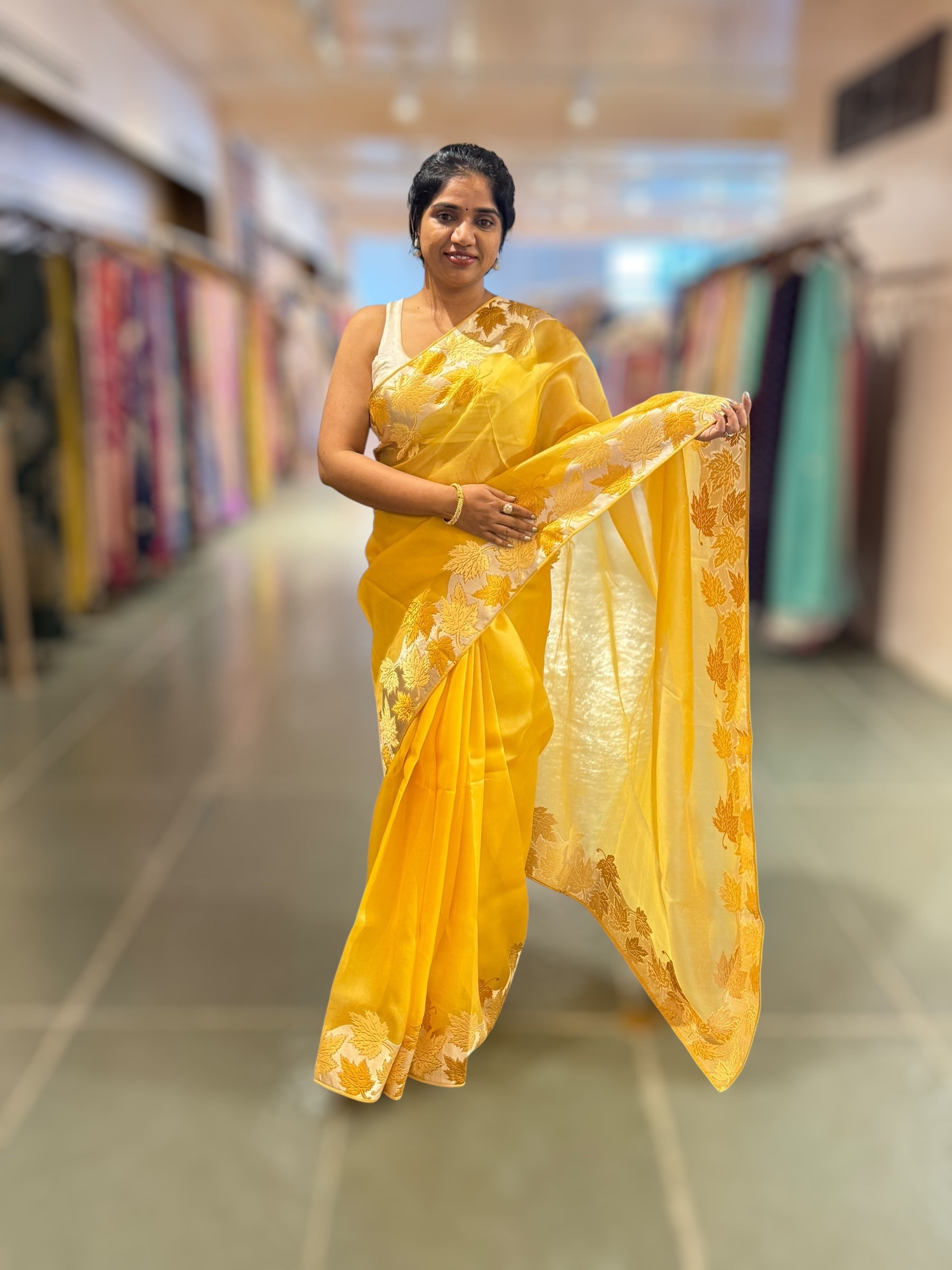 Yellow Organza Saree with Stunning Leaf Embroidered Border