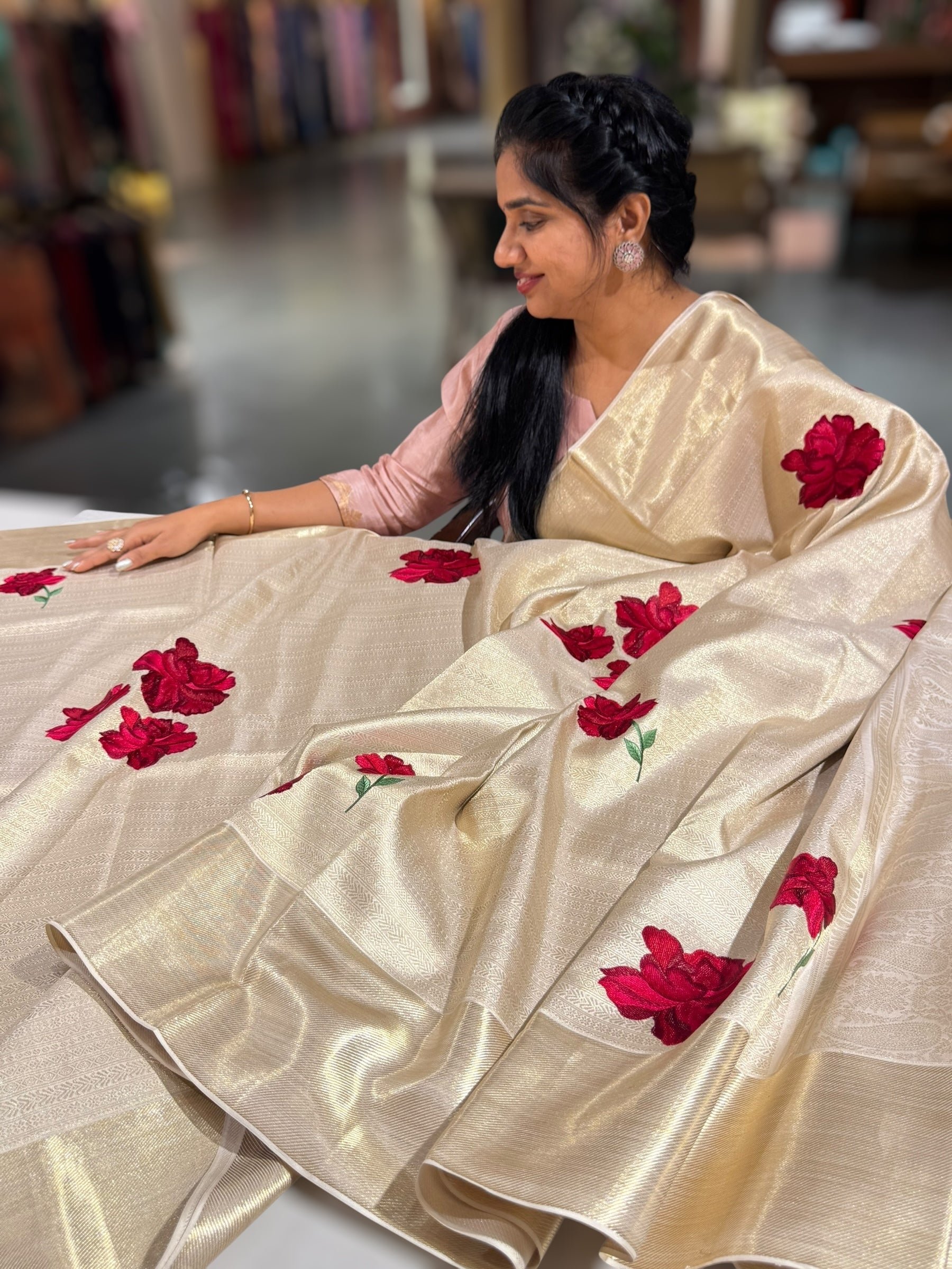 Ivory Banarasi Brocade Kanjeevaram Saree With Hibuscus Floral bunches embroidery