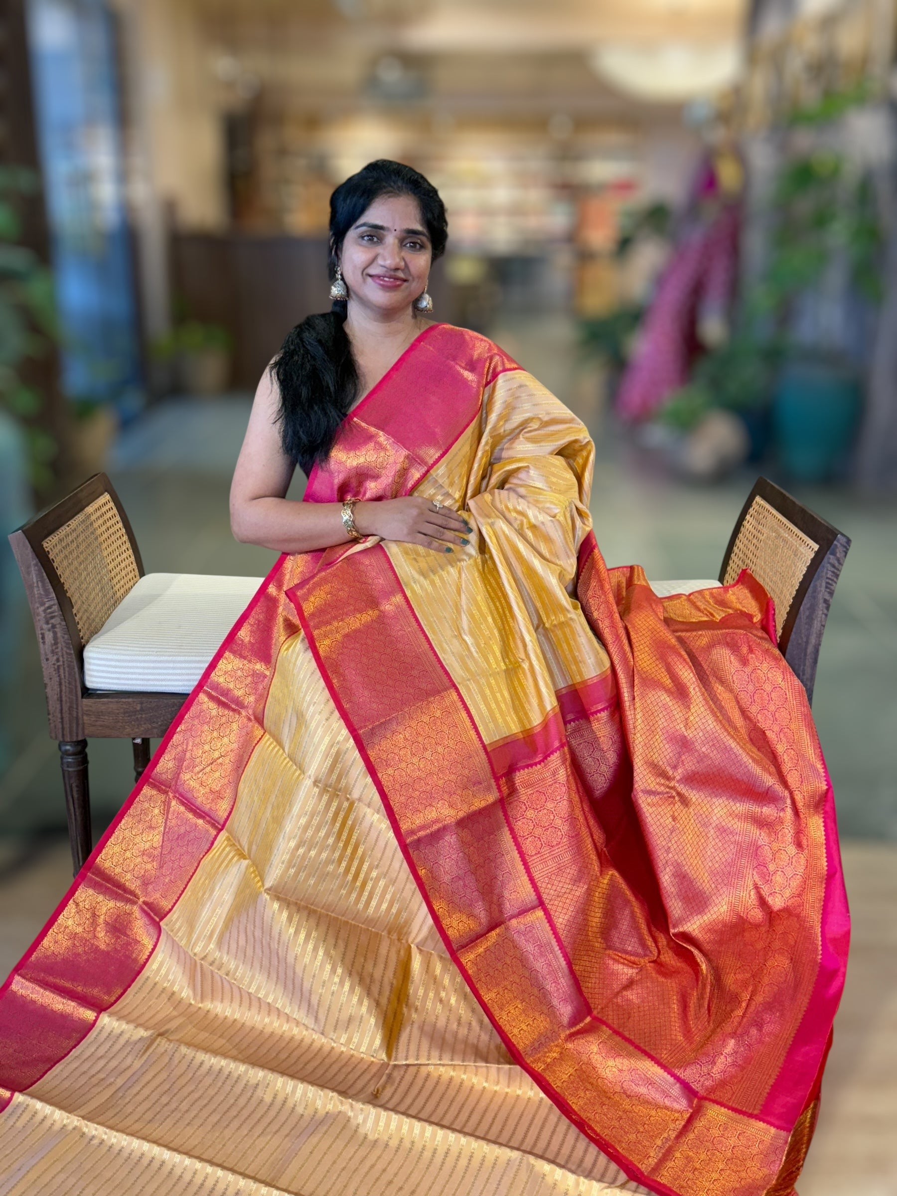 Beige  and Reddish Pink Combo kanchi  kuttu border saree with horizontal stripes