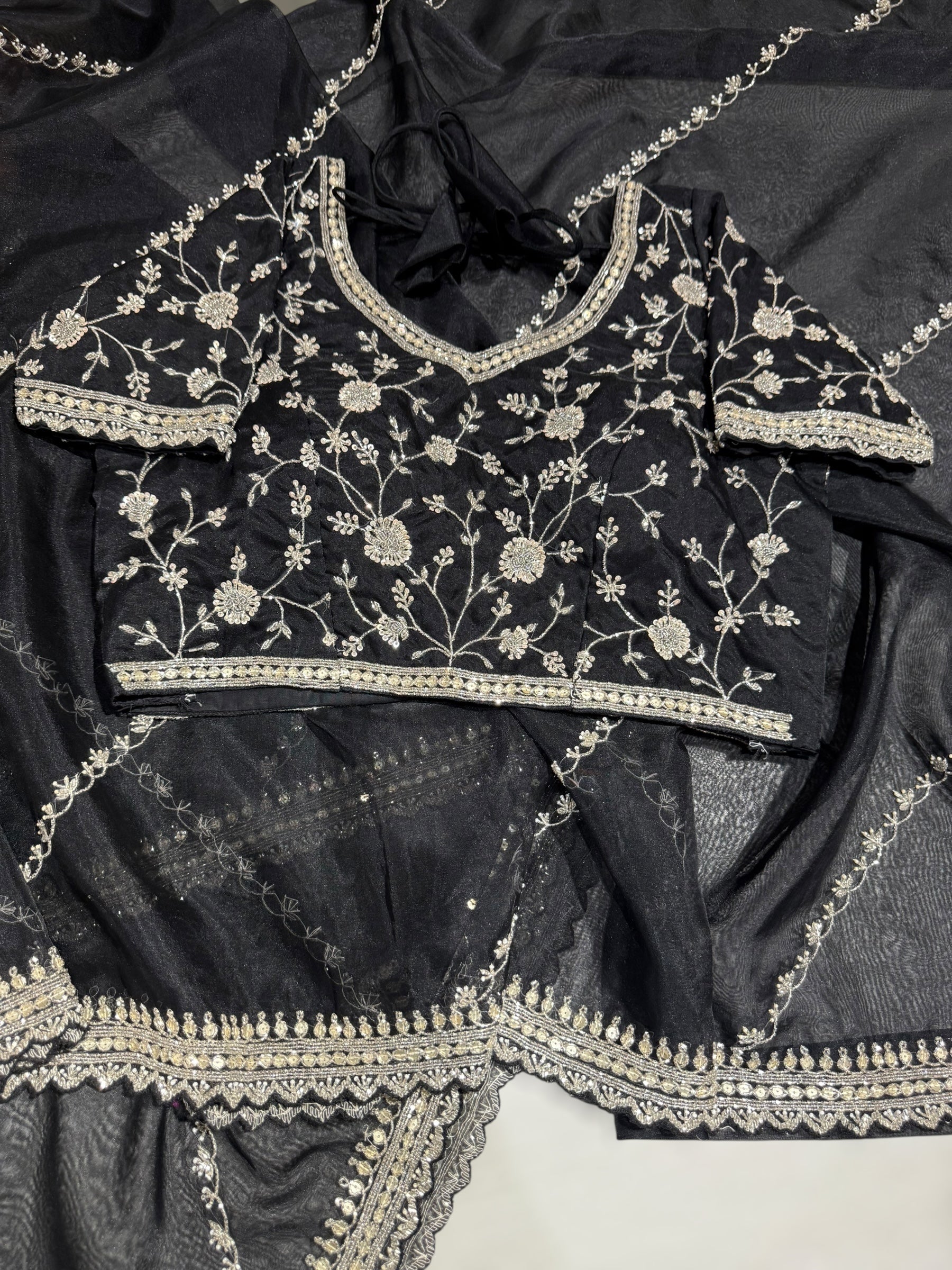 Black Organza handwork saree with ready to wear blouse