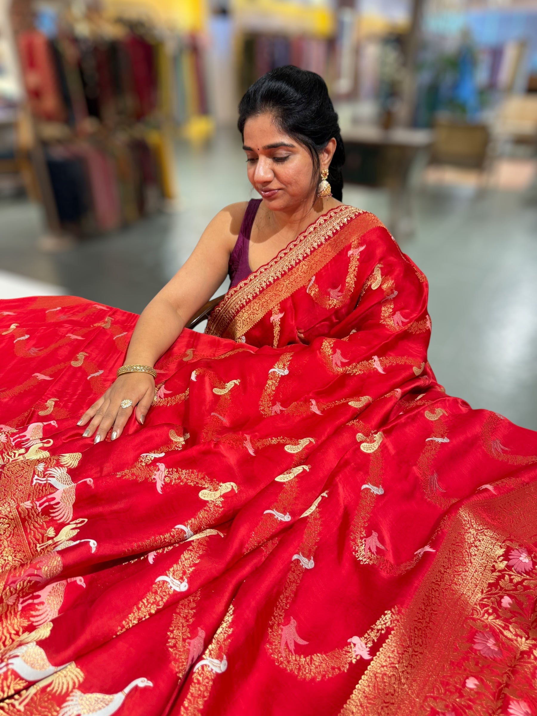 Chilli Red Mashru Silk Saree with allover weaving and Sahbysachi borders and Blouse