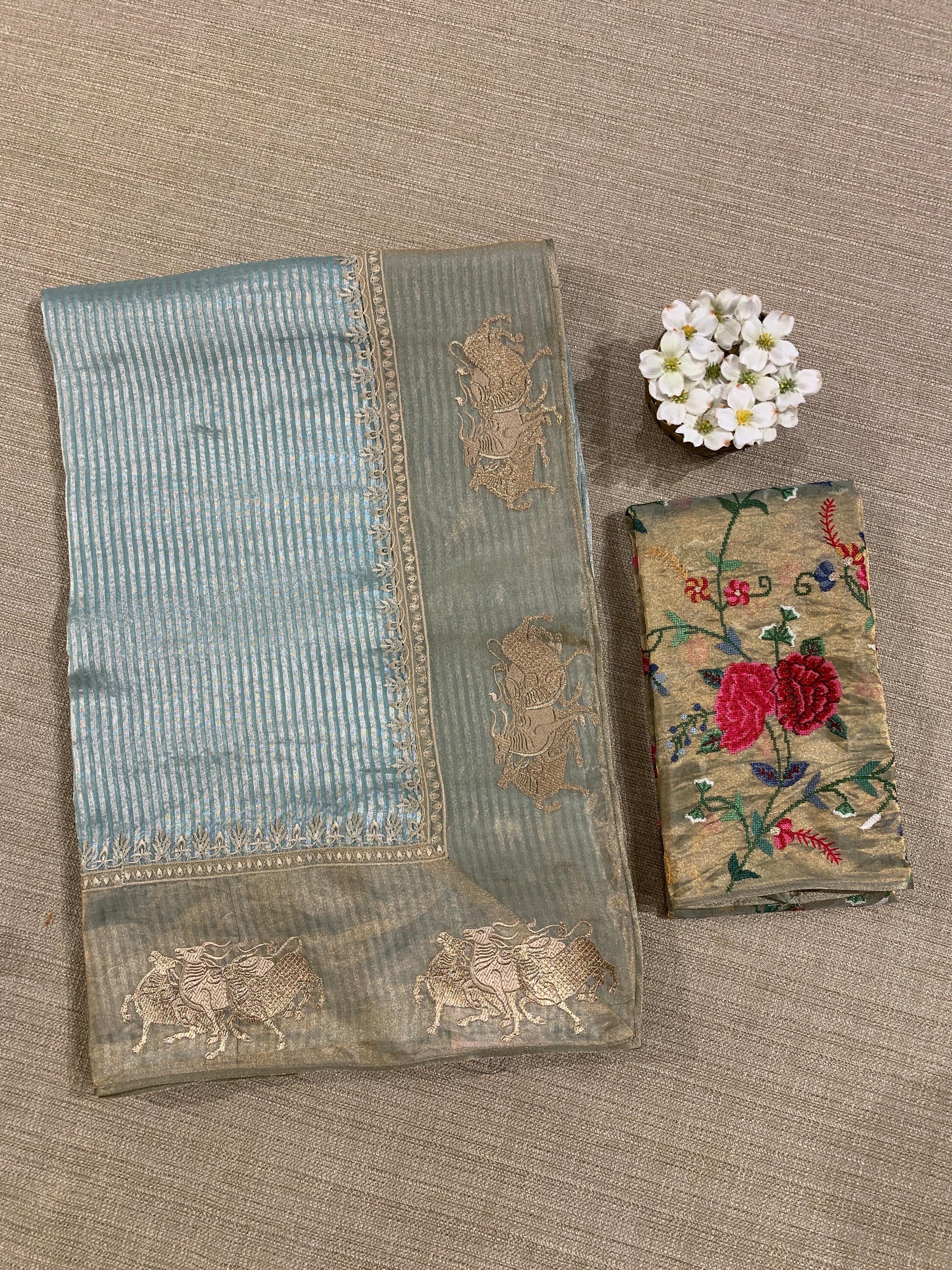 Pastel Blue Kora tissue stripes Saree with Nandi embroidered tissue border