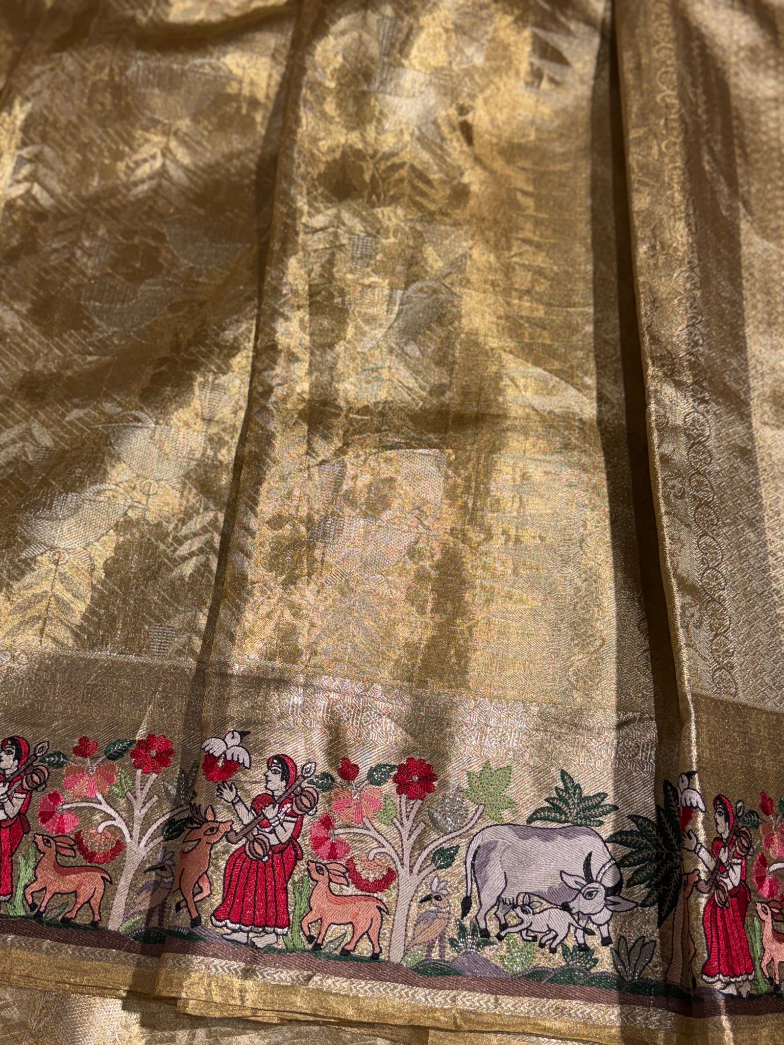 Gold Kanjeevaram Saree with Village Theme Embroidery