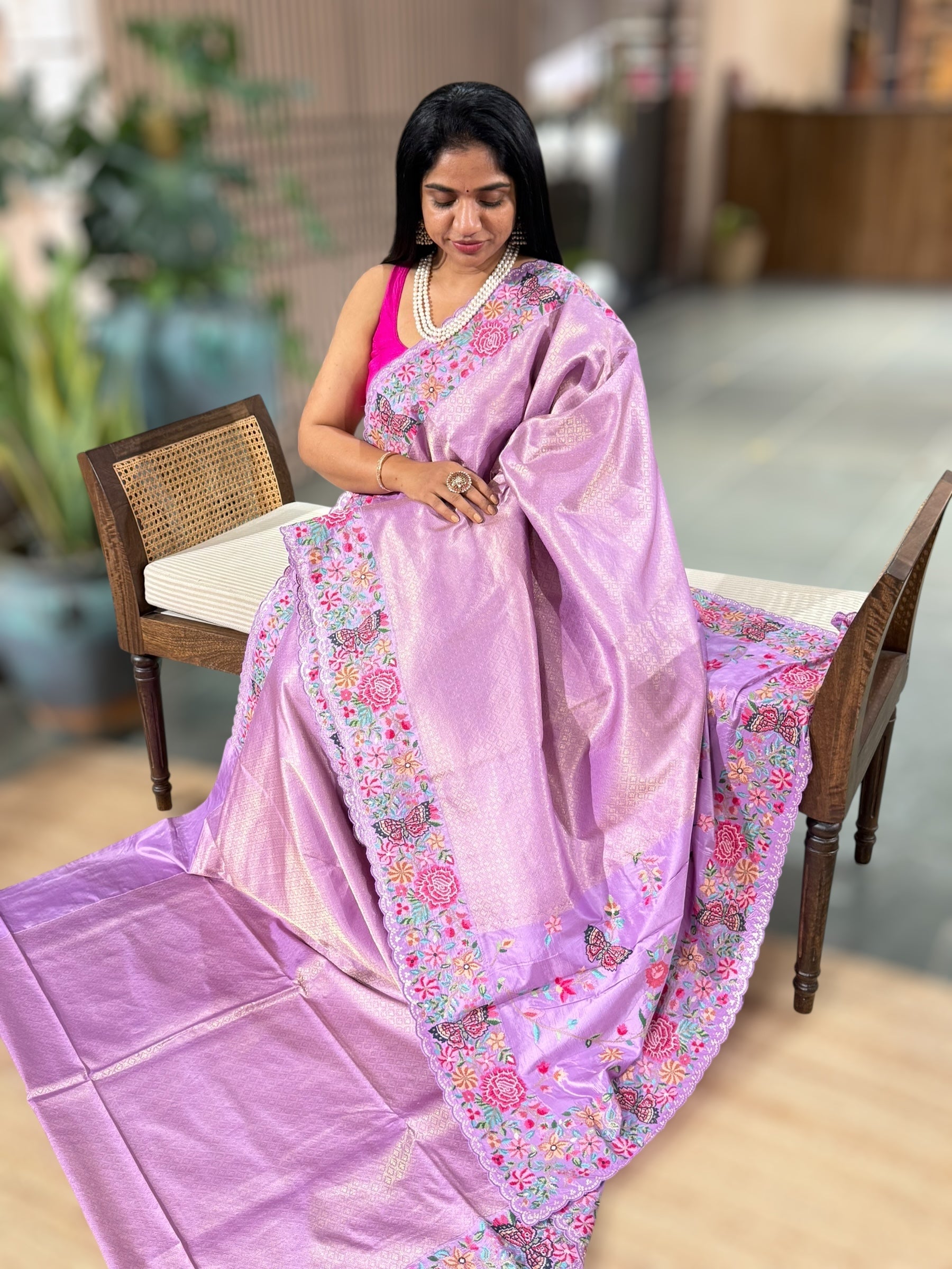 Lilac Kanjeevaram Brocade Saree with Petite Point Embroidered Border