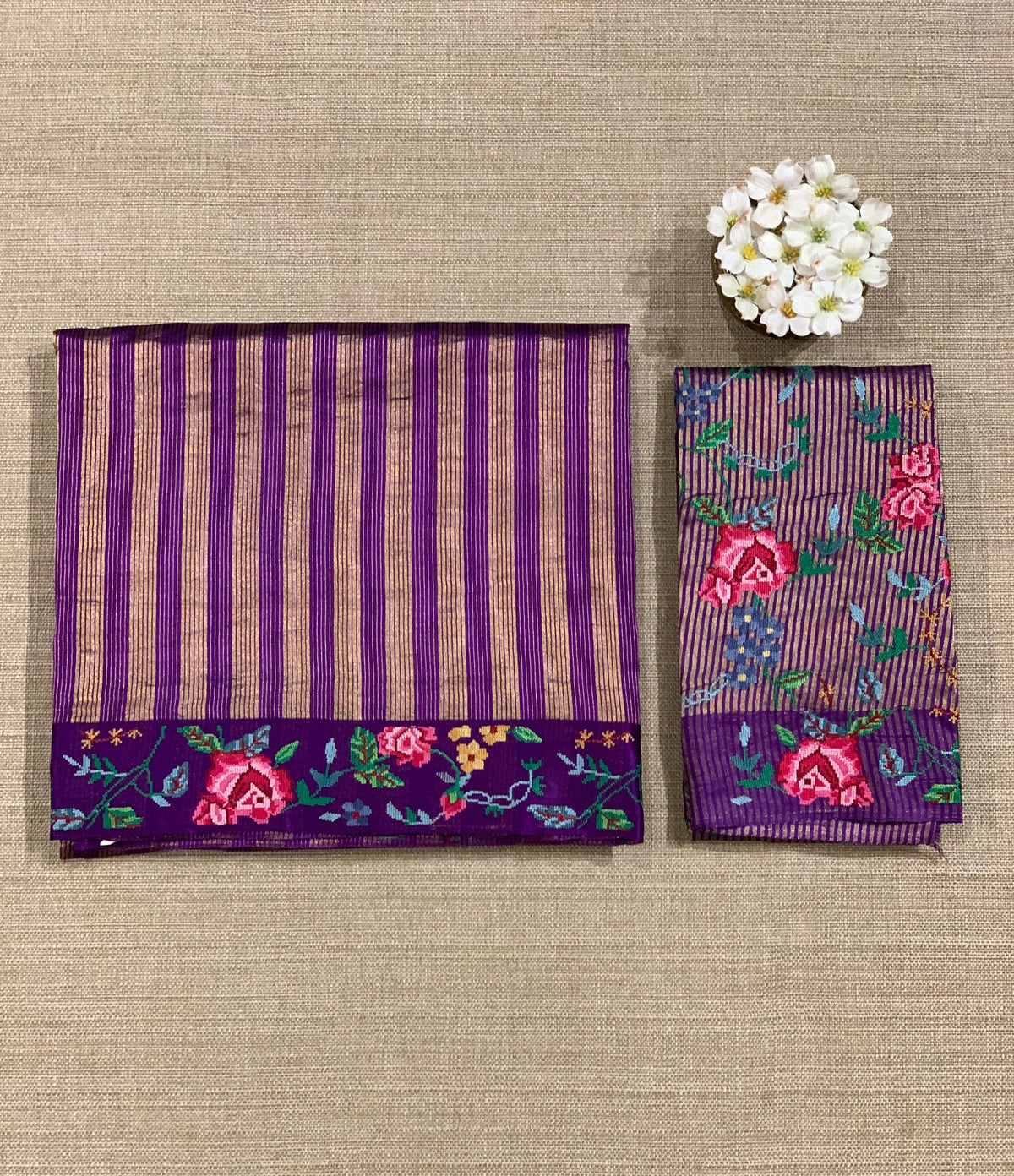 Brinjal Banarasi Tissue stripes Saree with petite point embroidery