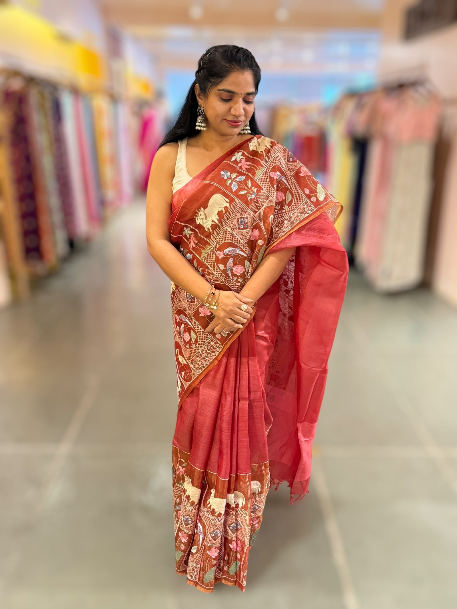 Rust Red/ Brick Red Kora-Tussar blend Handloom Saree with Tissue embroidered Skirt Border