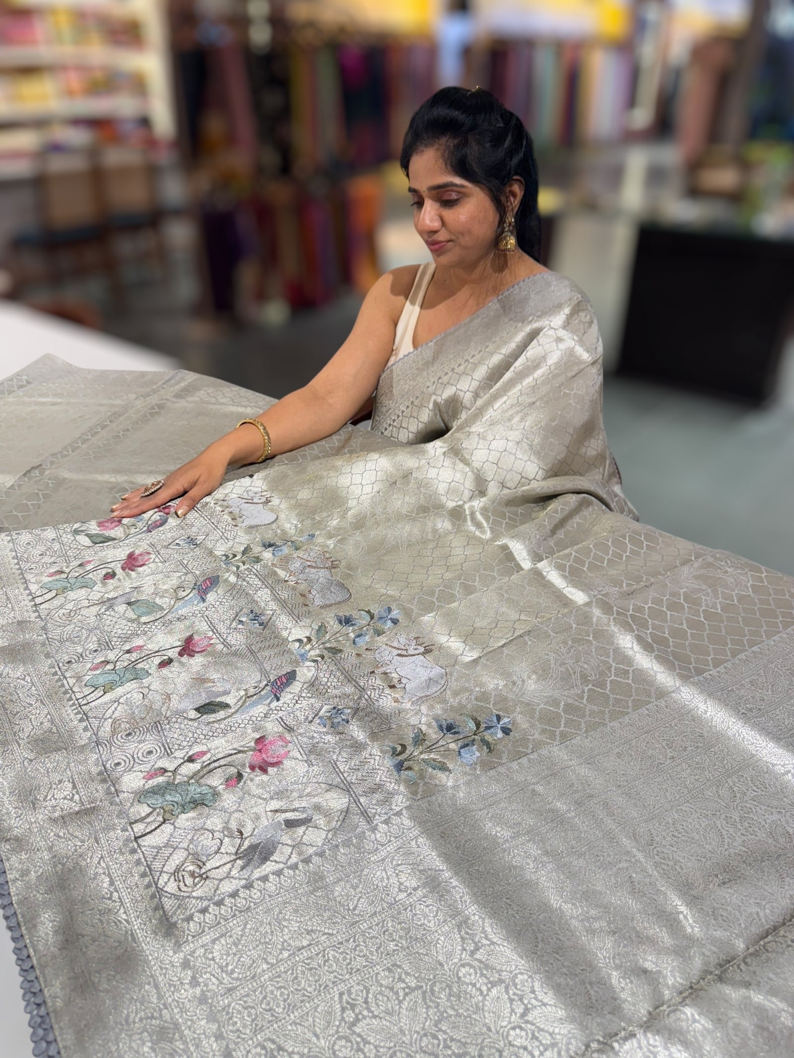 Silverish Grey Fancy Banarasi saree with embroidery