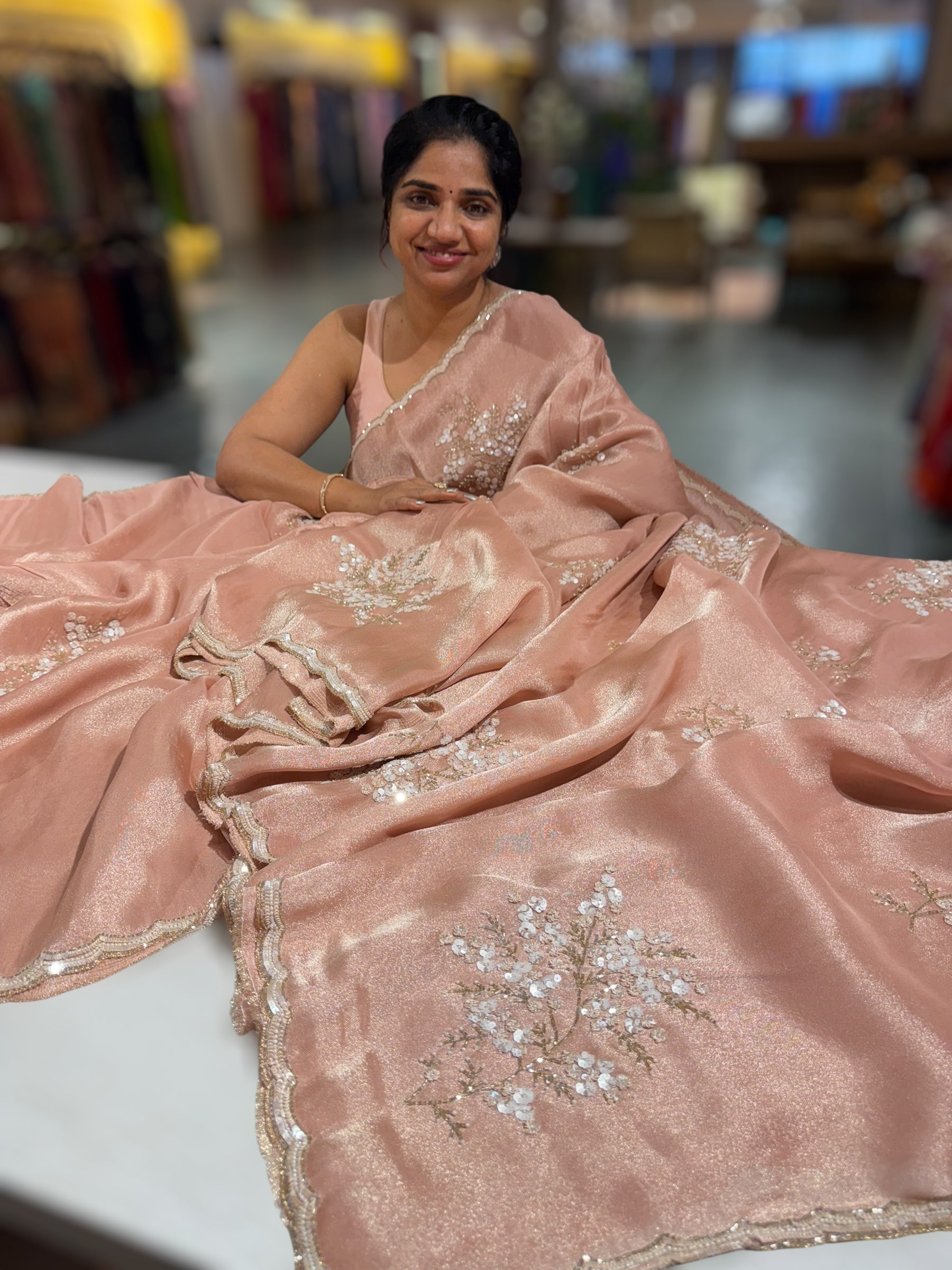 Tissue Gorgette Saree With Handwork Border and Blouse.