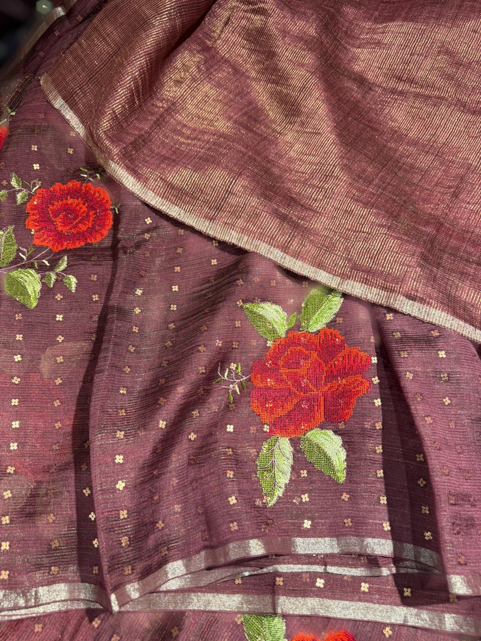 Winish brown Tussar Kota Saree with embedded sequnce and hibuscus flower embroidery
